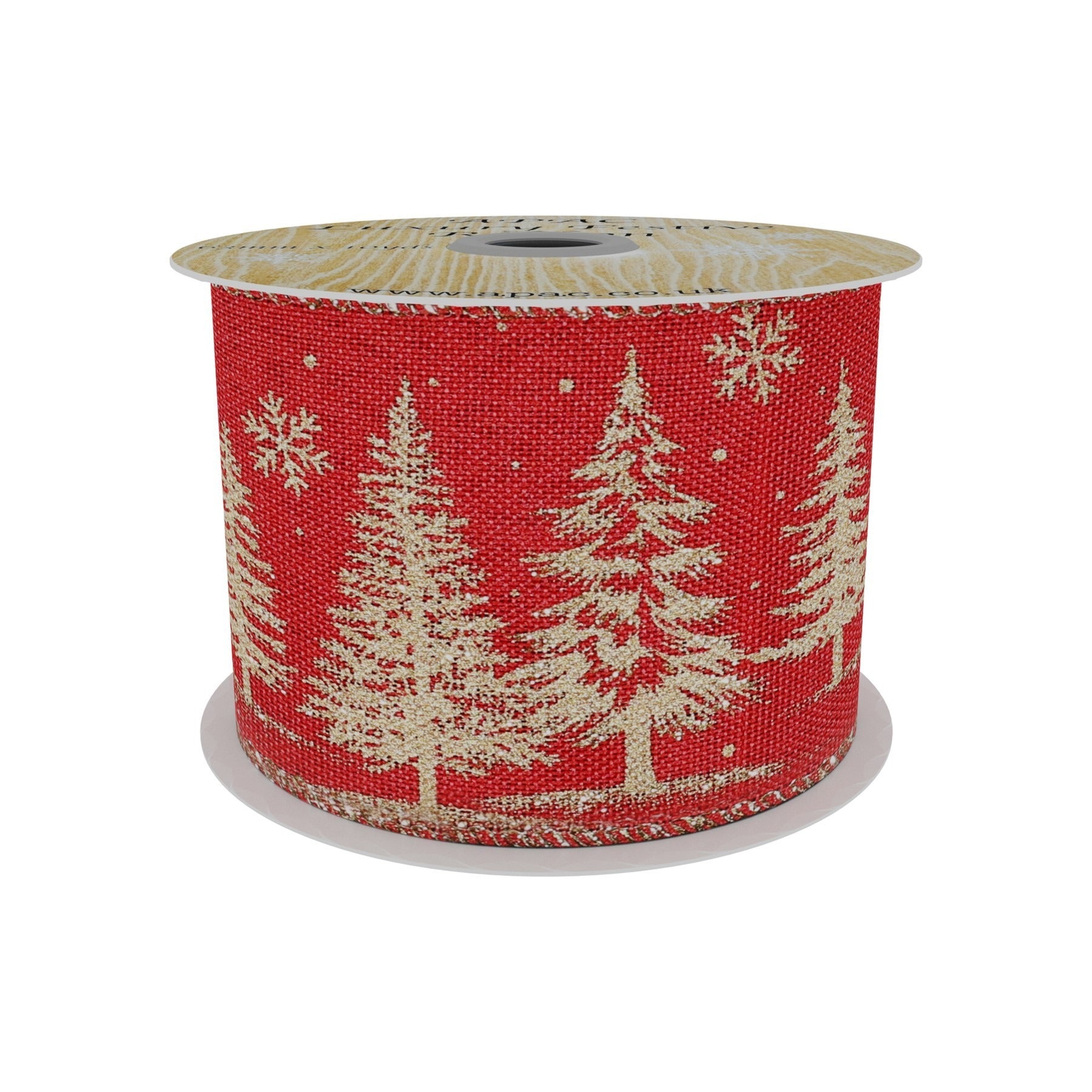 View Red Mesh Ribbon with Gold Xmas Tree Print 63mm x 10yd information