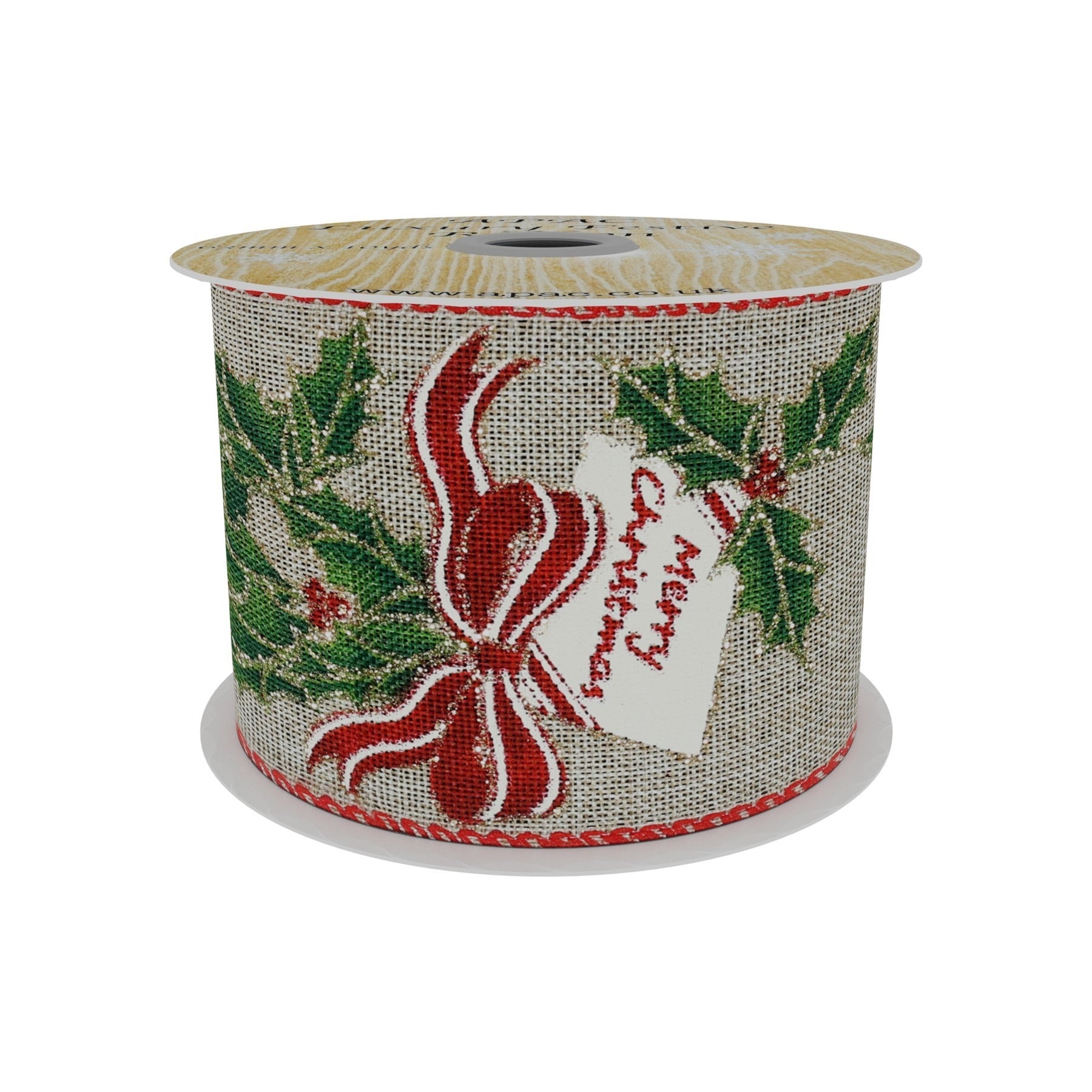View Natural Ribbon with Holly Bow Print 63mm x 10yd information