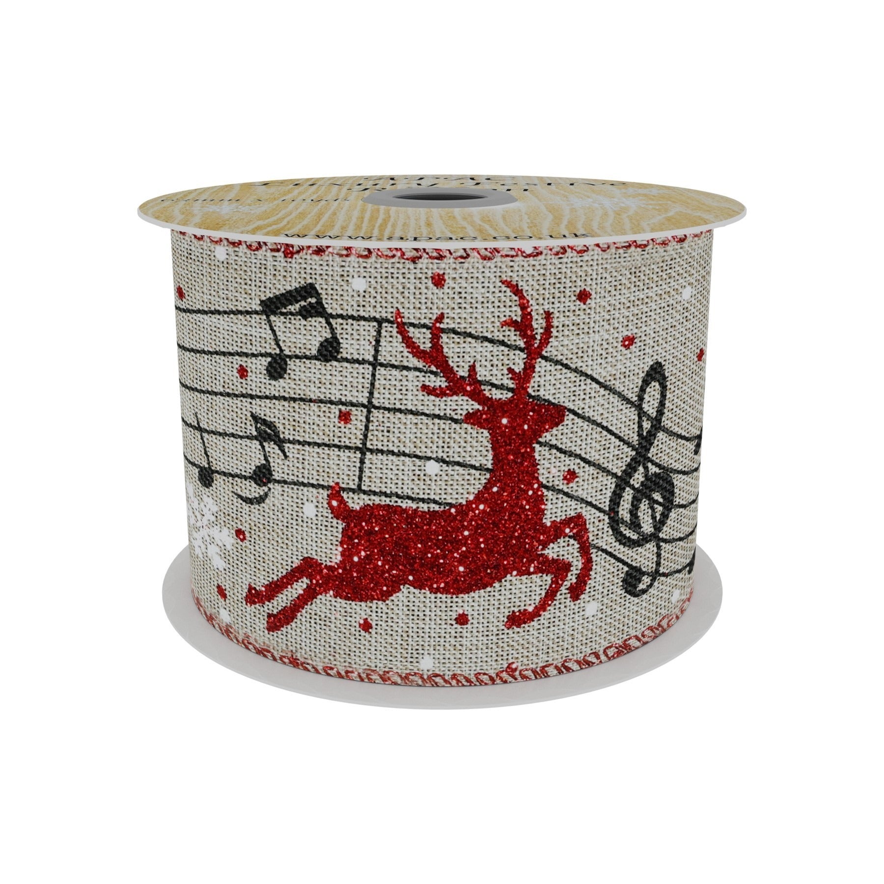 View Natural Ribbon With Red Reindeer and Musical Notes 63mm x 10yd information