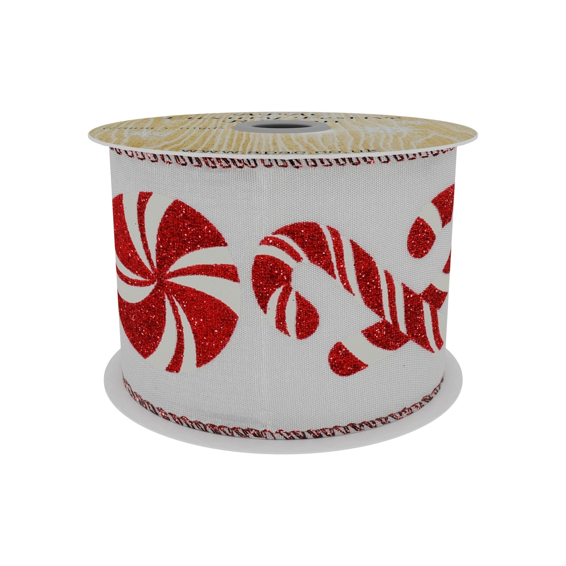 View Taffeta Ribbon with Red and White Candy Cane Pattern 63mm x 9m information