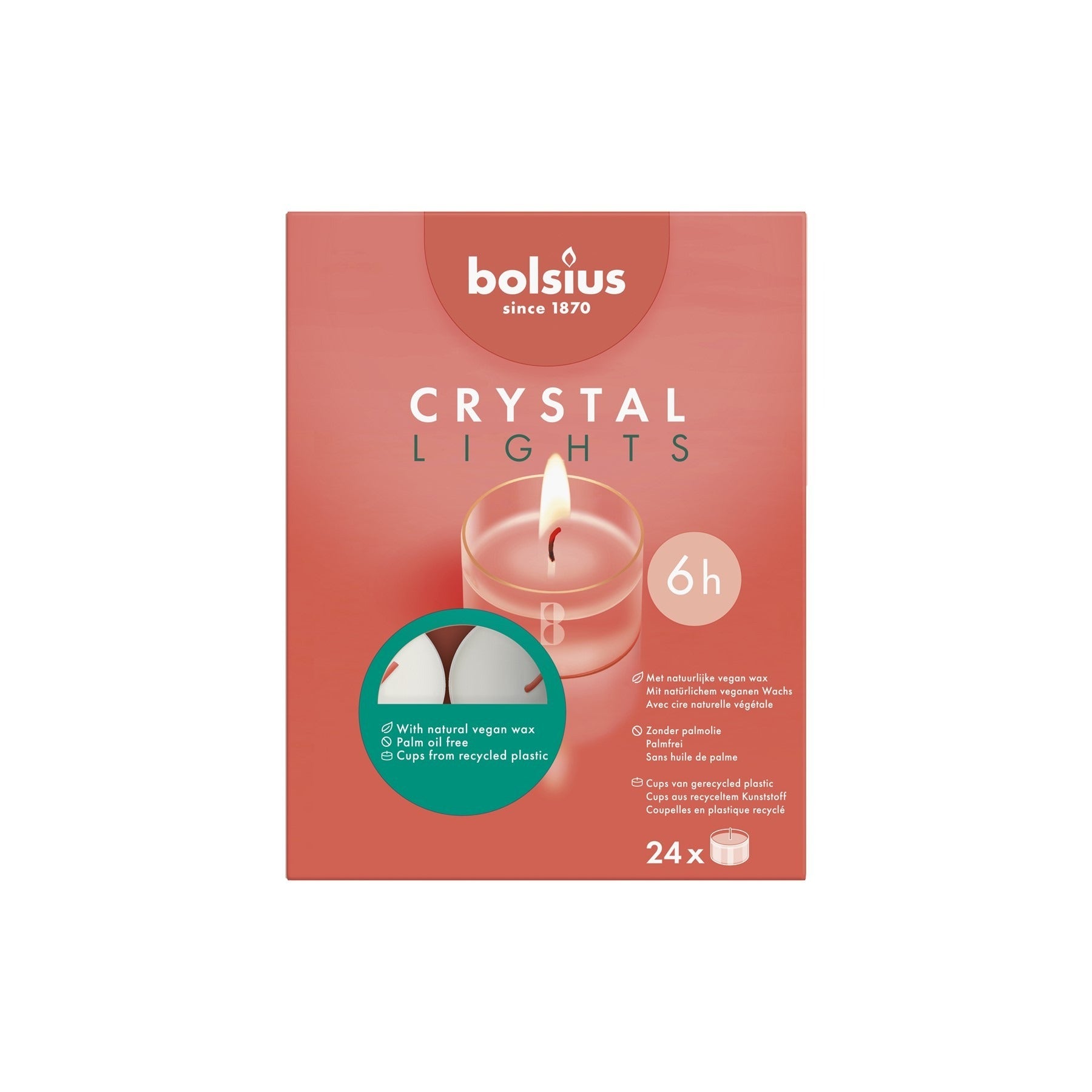 View Bolsius Crystal Clear Cup Maxi Tea Lights 8 hour burntime information