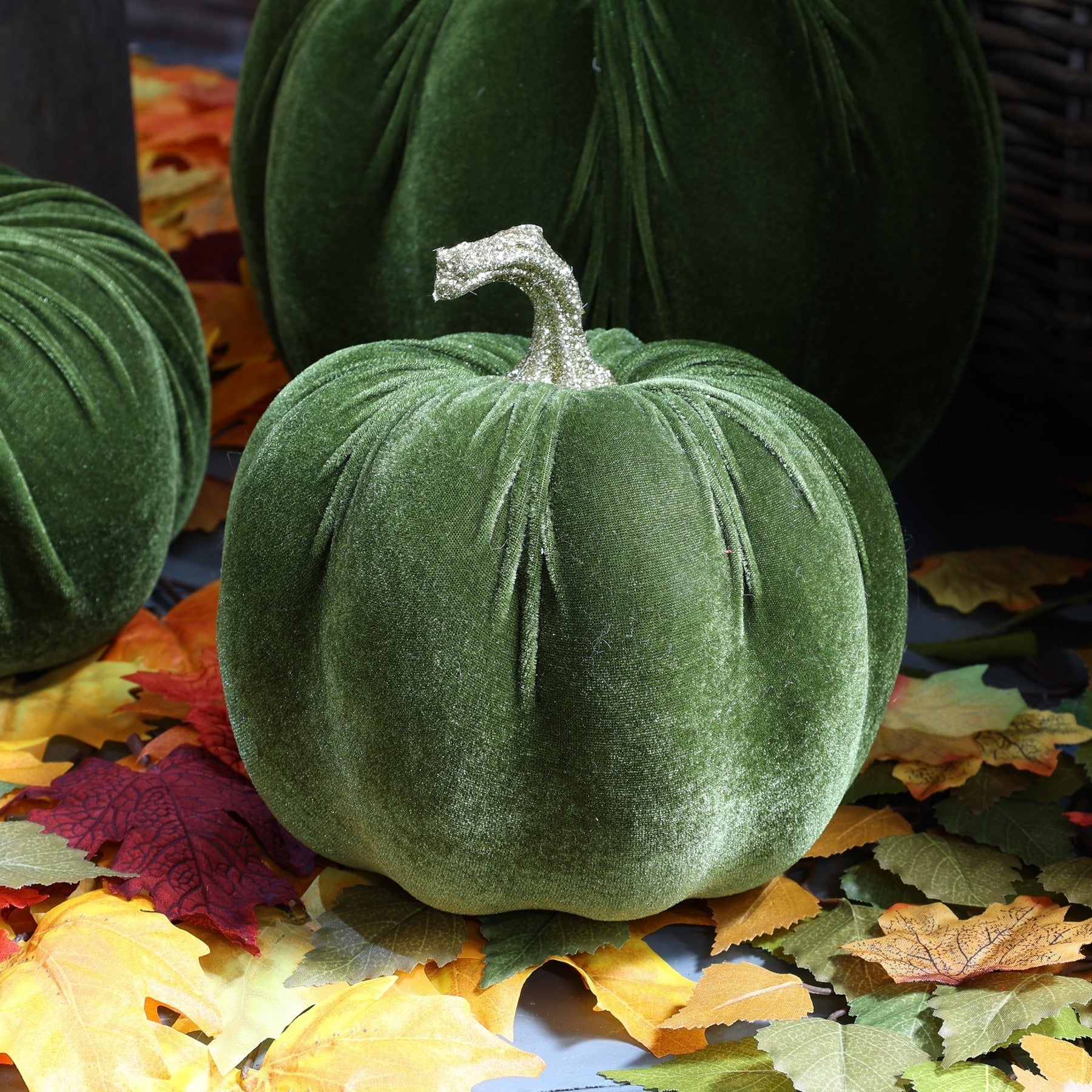 View Small Green Velvet Pumpkin with Gold Glitter Stem information