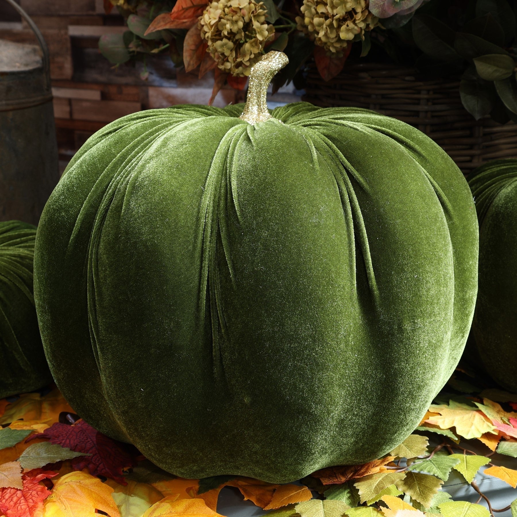 View Extra Large Green Velvet Pumpkin with Gold Glitter Stem information