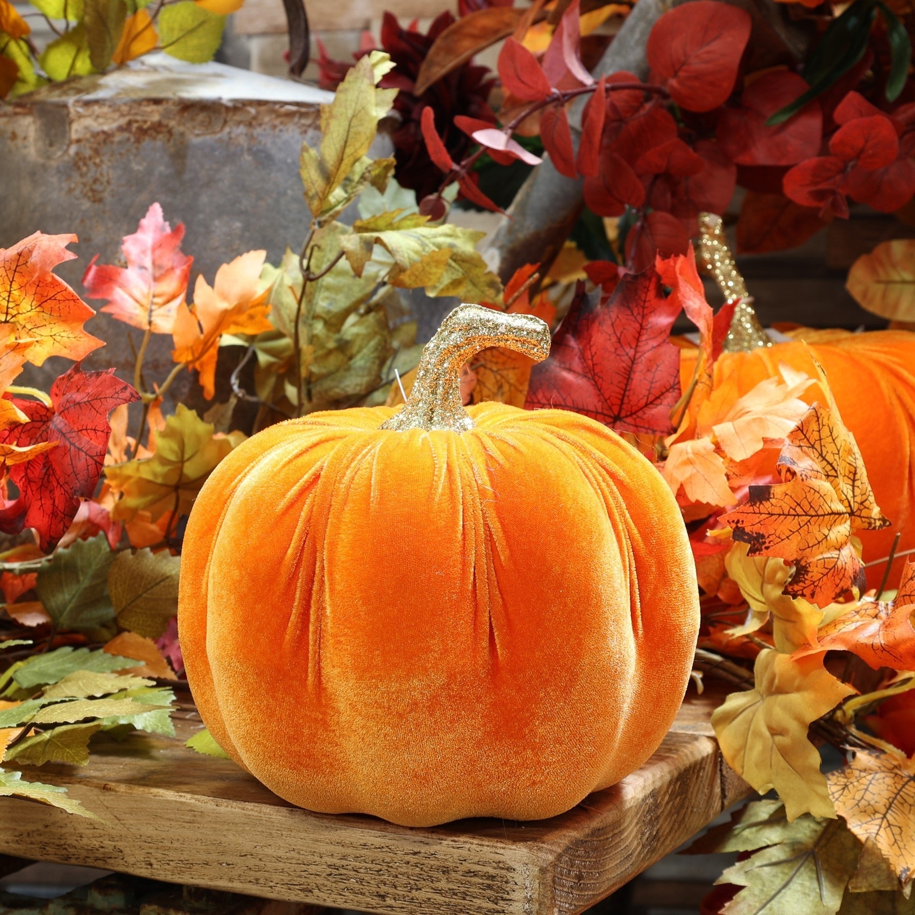 View Small Orange Velvet Pumpkin with Gold Glitter Stem information