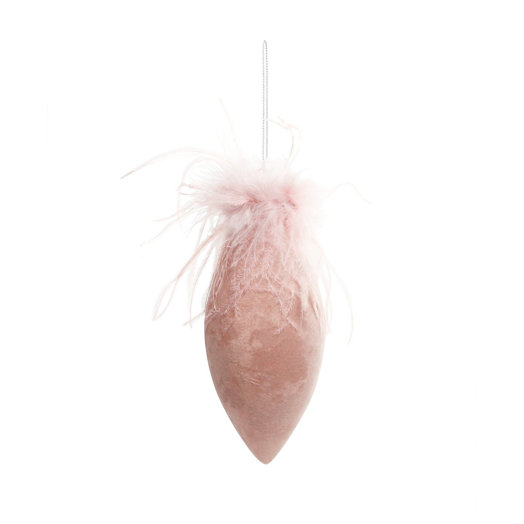 View Pink Velvet Glass Droplet Bauble with Feather H16cm information