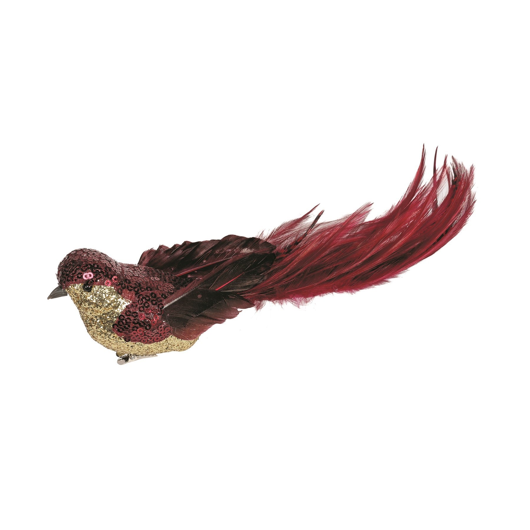 View Burgundy Sequin Glitter Feather Bird with Clip L29cm information