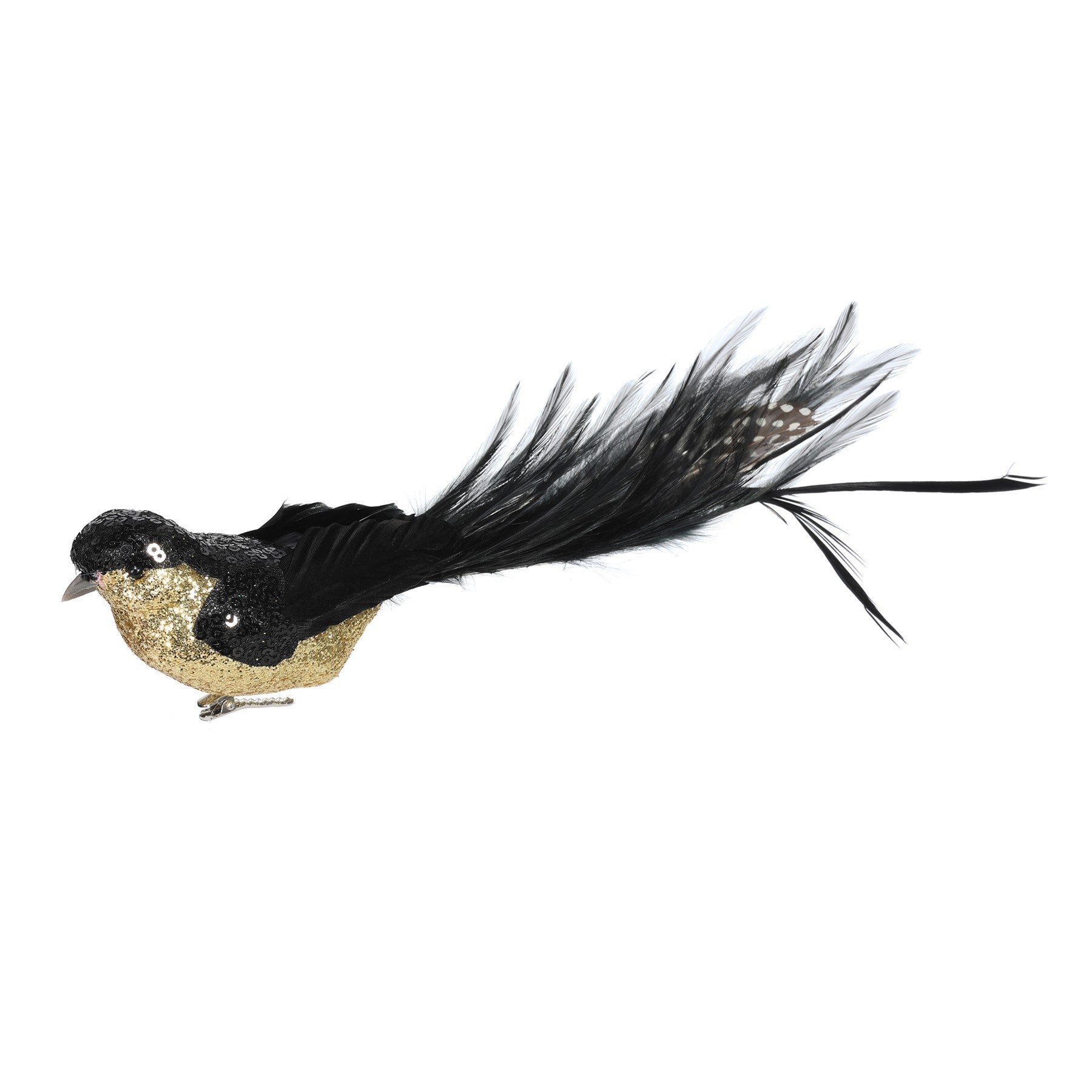 View Black Gold Sequin Glitter Bird with Clip 29cm information