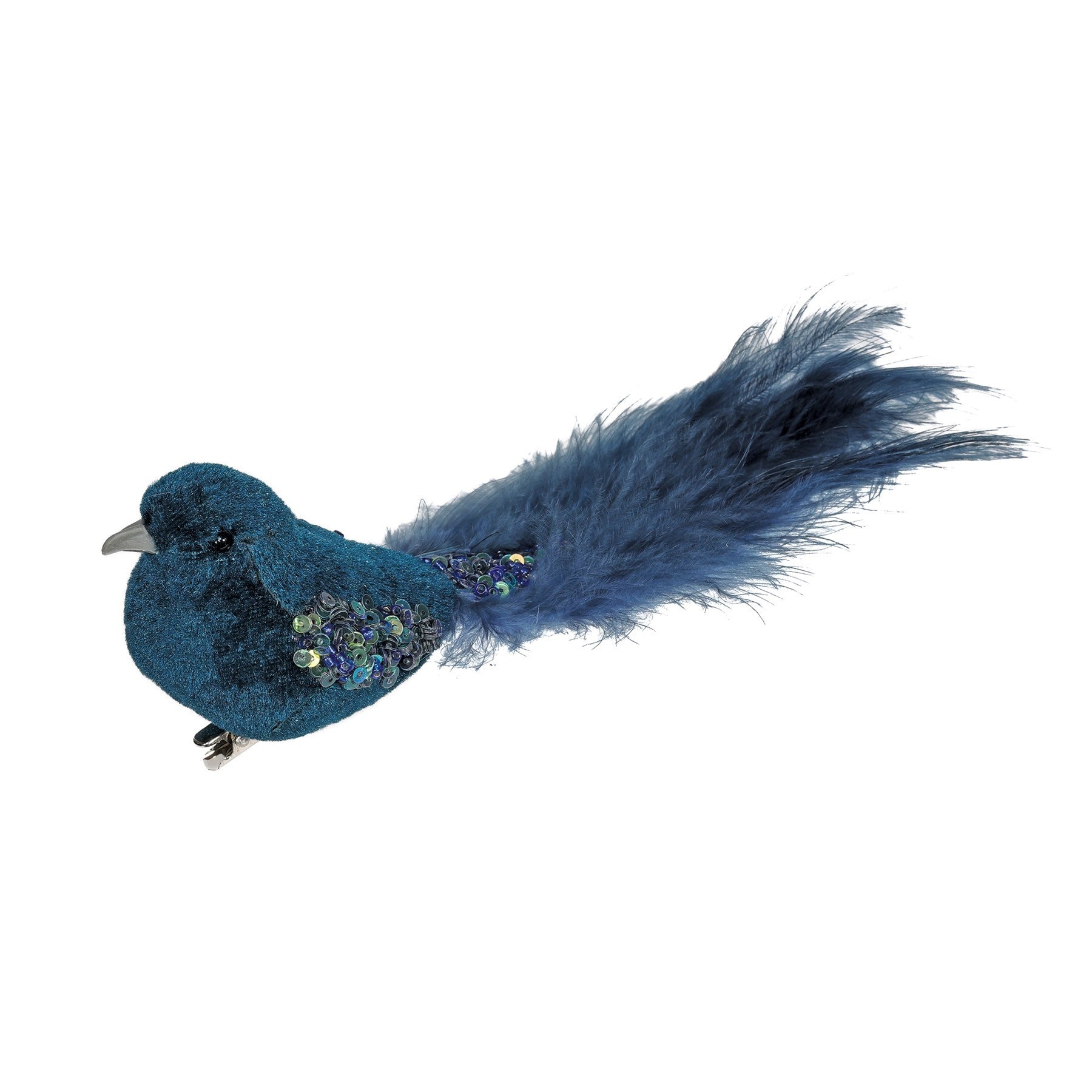 View Peacock Blue Velvet Bird with Glitter and Clip 20cm information