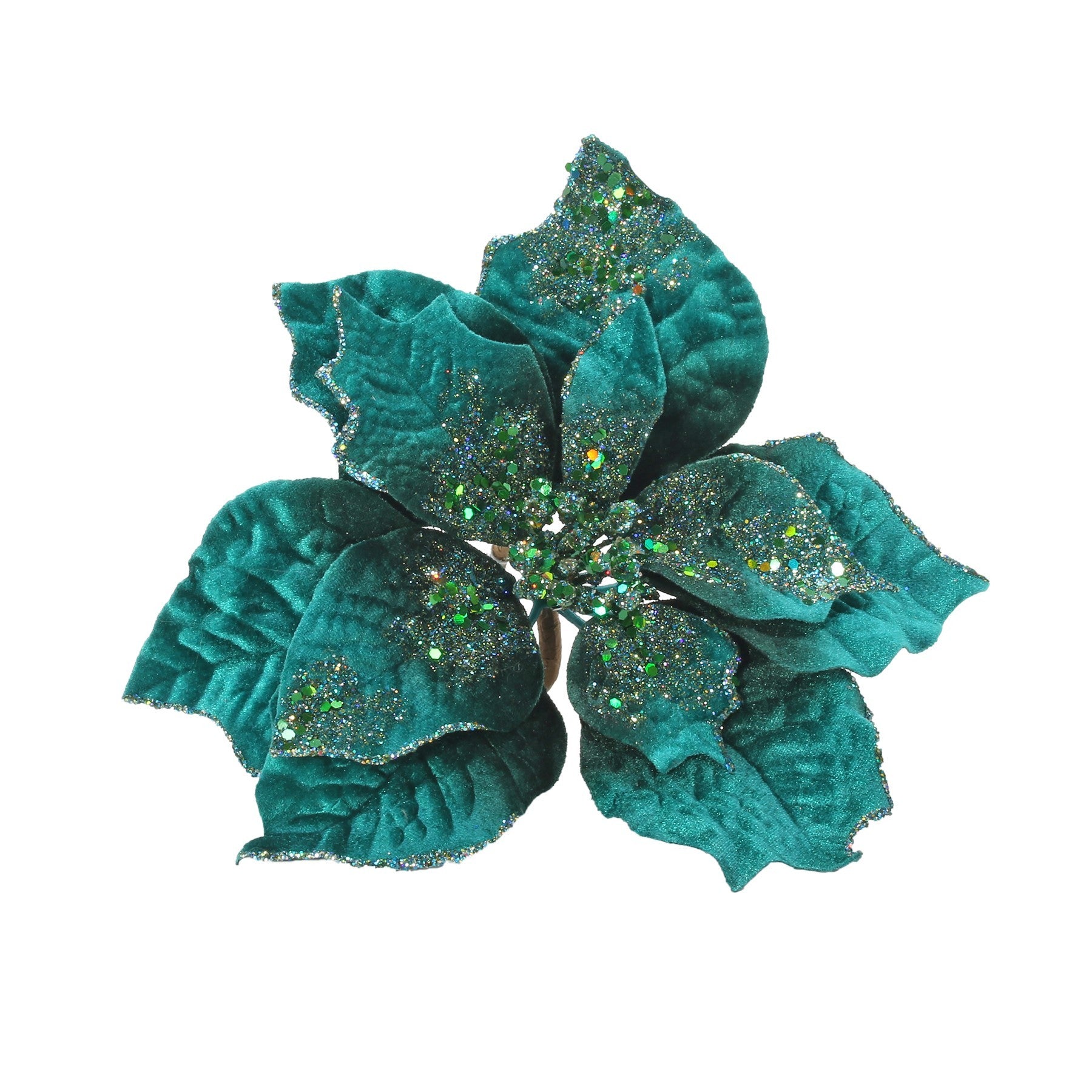 View Blue Glitter Poinsettia Head with clip information