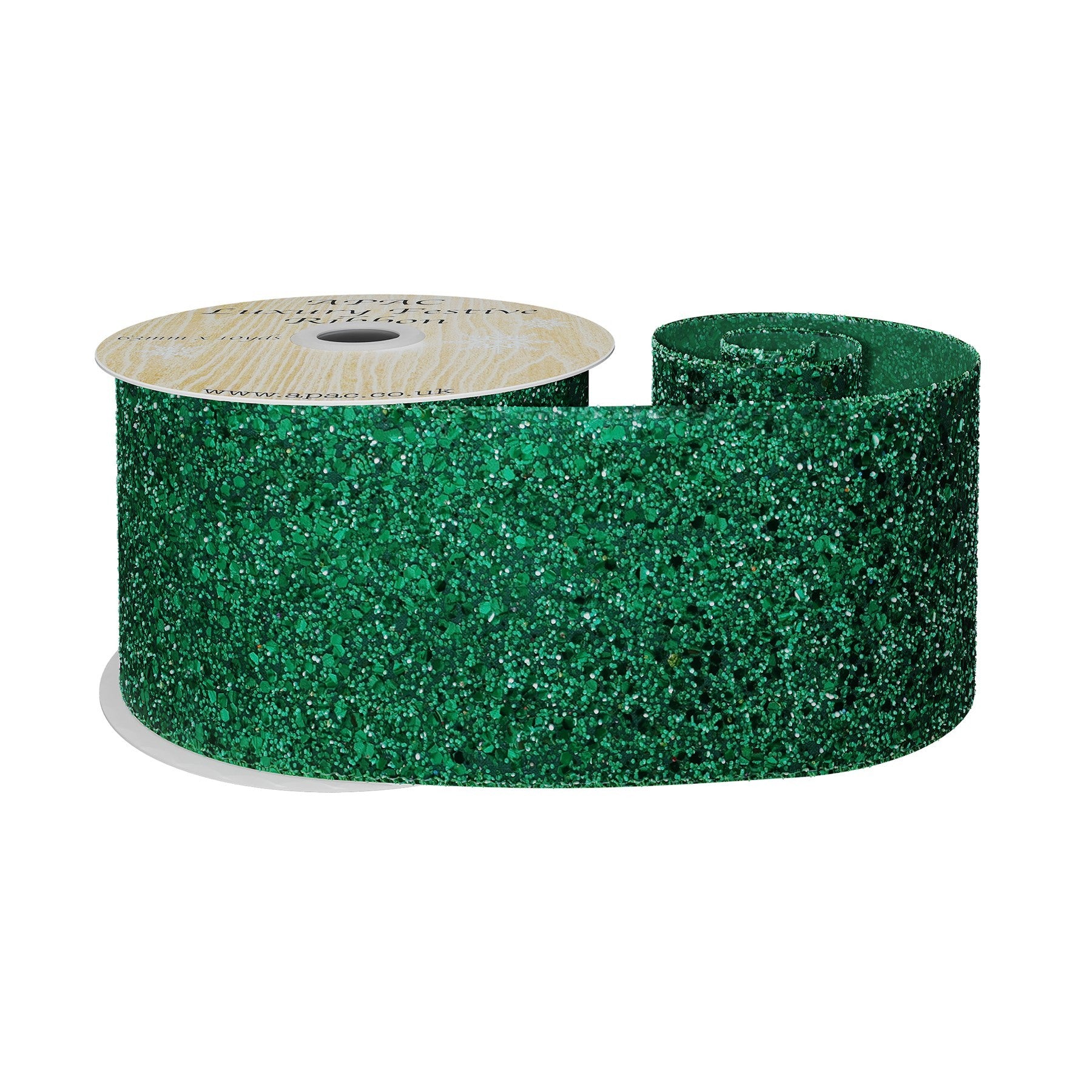 View Christmas Green Wired Glitter Ribbon 63mm x 10 yards information