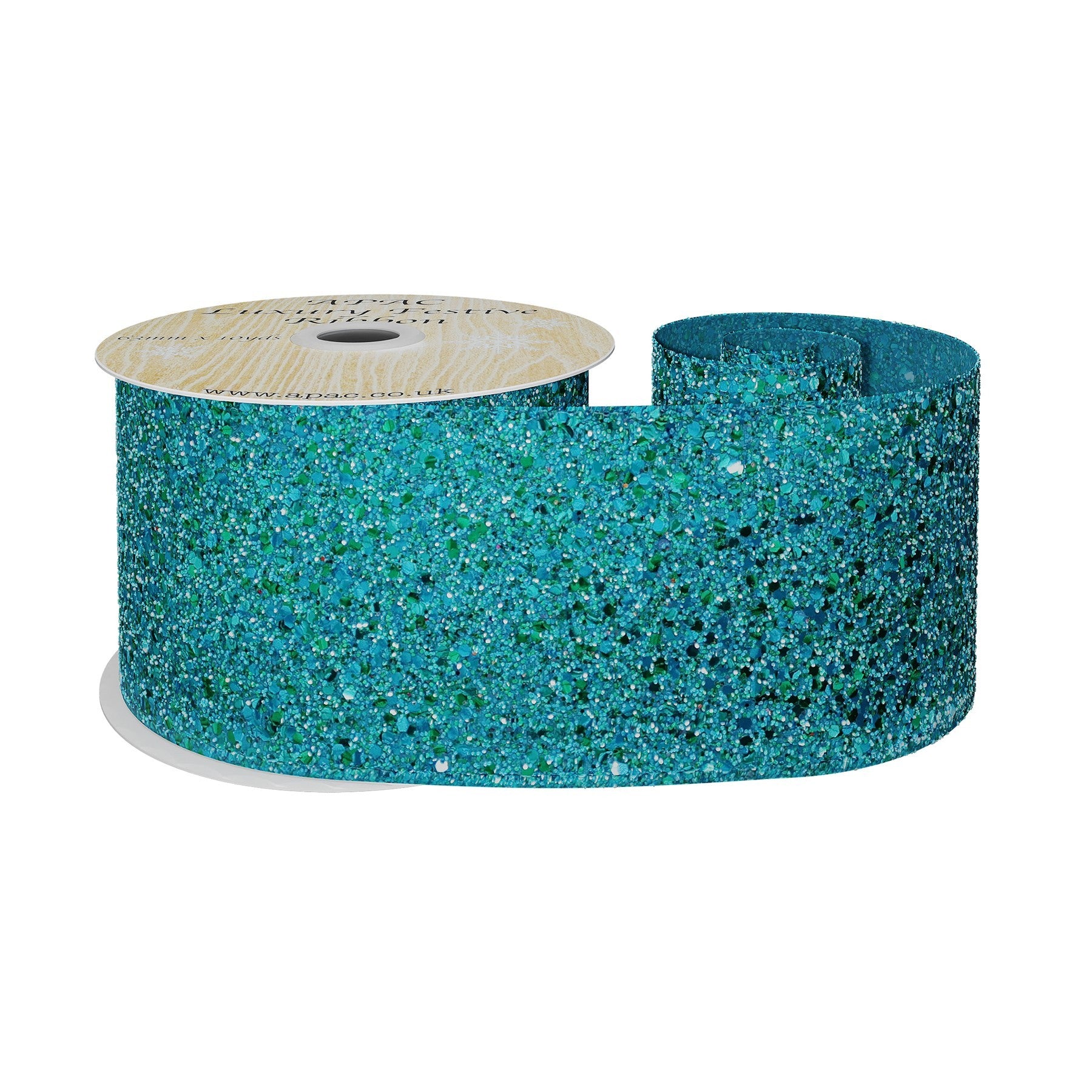 View Peacock Blue Glitter Wired Ribbon 63mm x 10 yards information