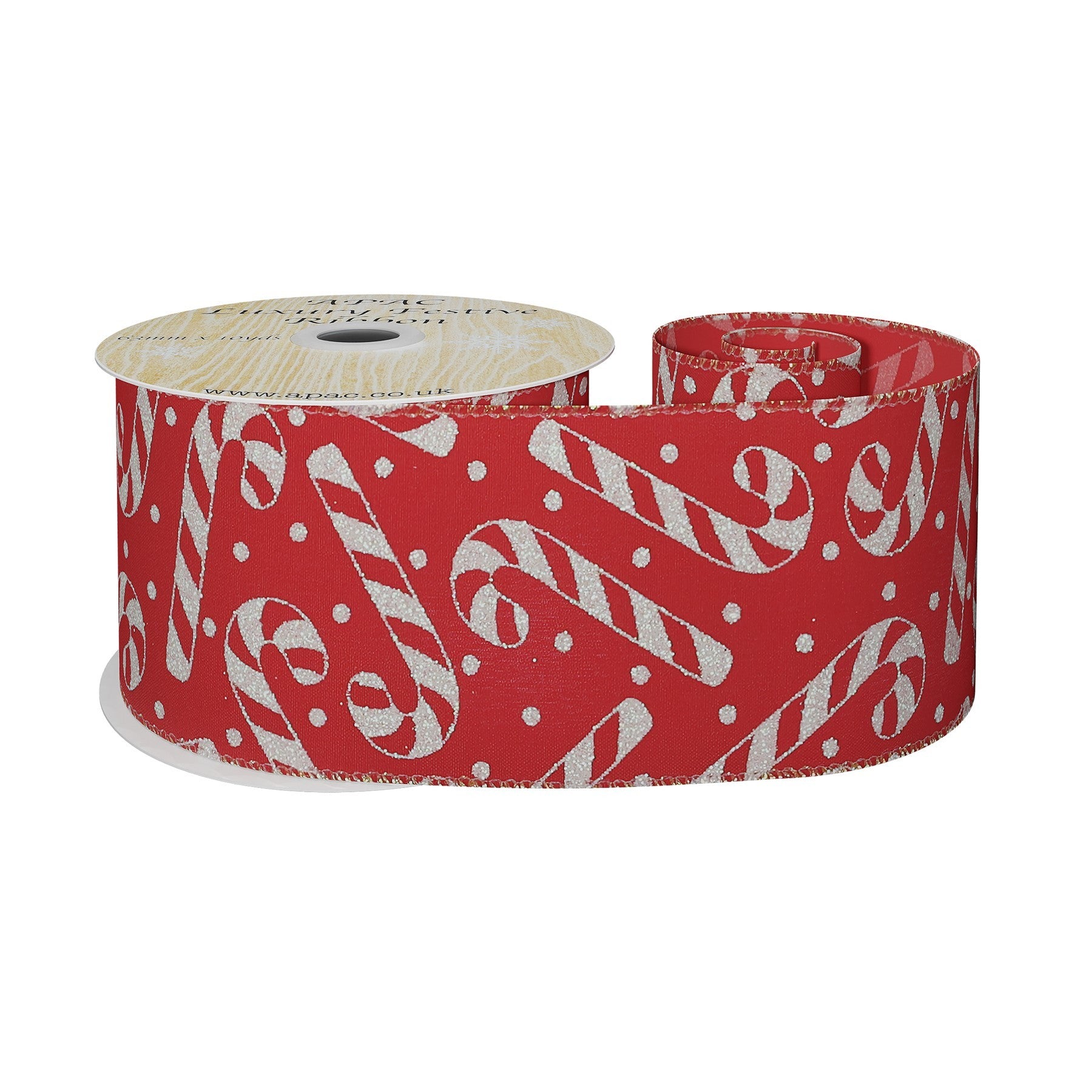 View Red Wired Ribbon with Candy Cane Design 63mm x 10 yards information