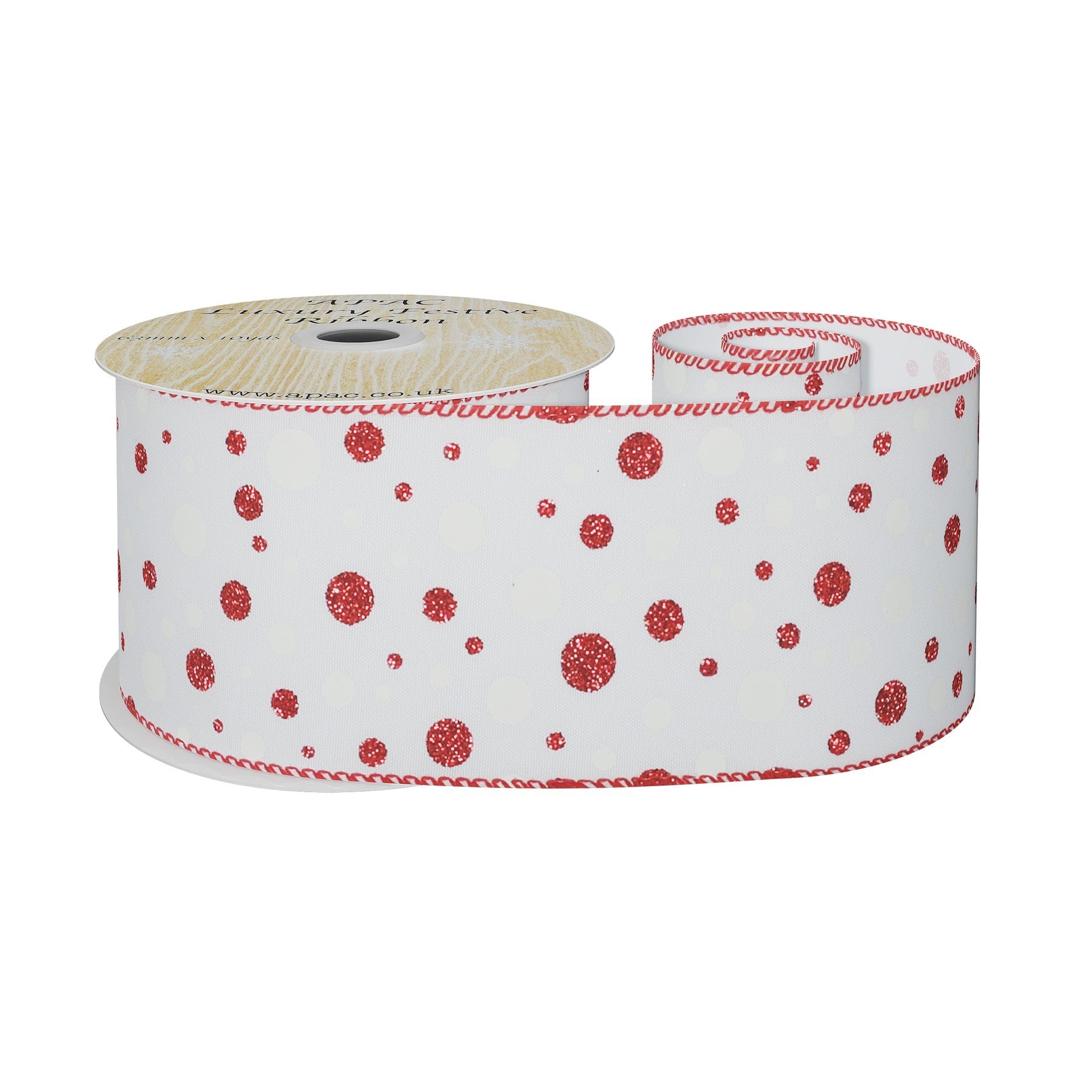 View White Wired Ribbon with Red and White Dots 63mm x 10 yards information