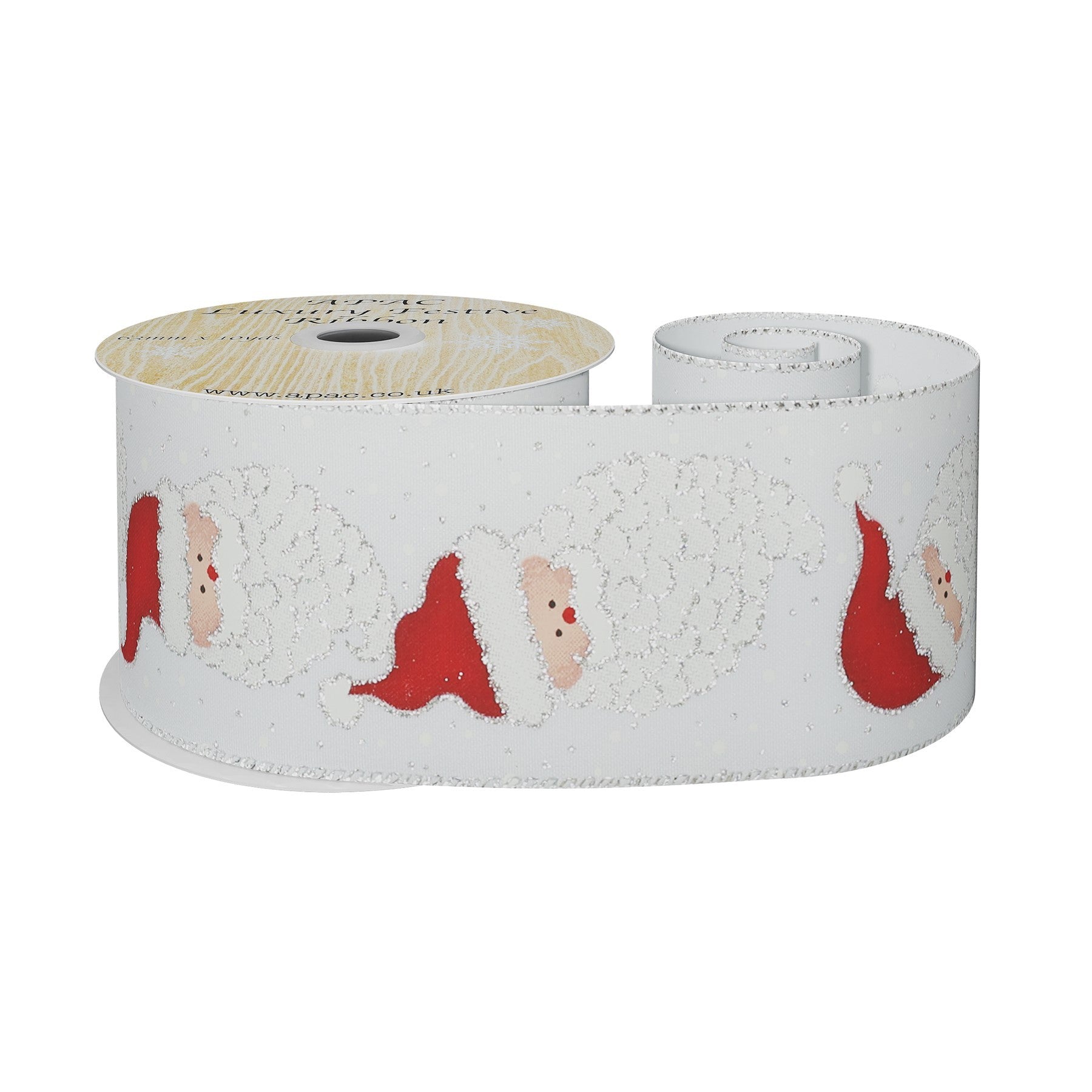 View White Wired Ribbon with Santa Heads 63mm x 10 yards information