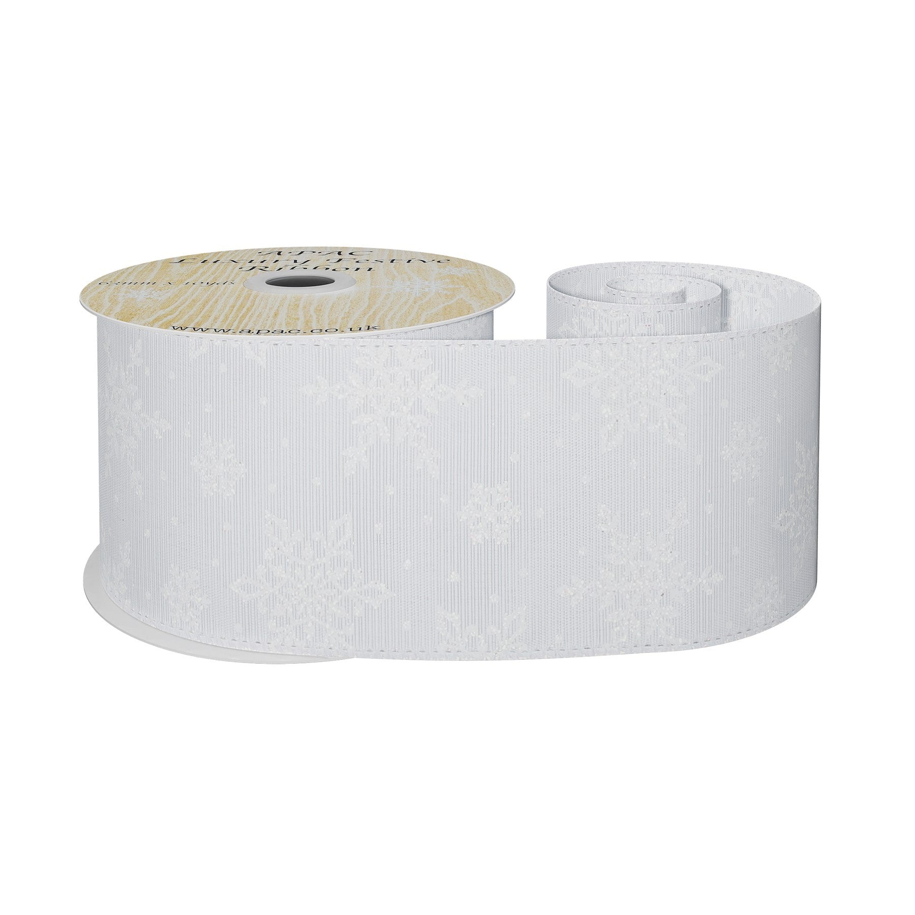 View White Wired Ribbon with Glitter Snowflakes 63mm x 10 yards information