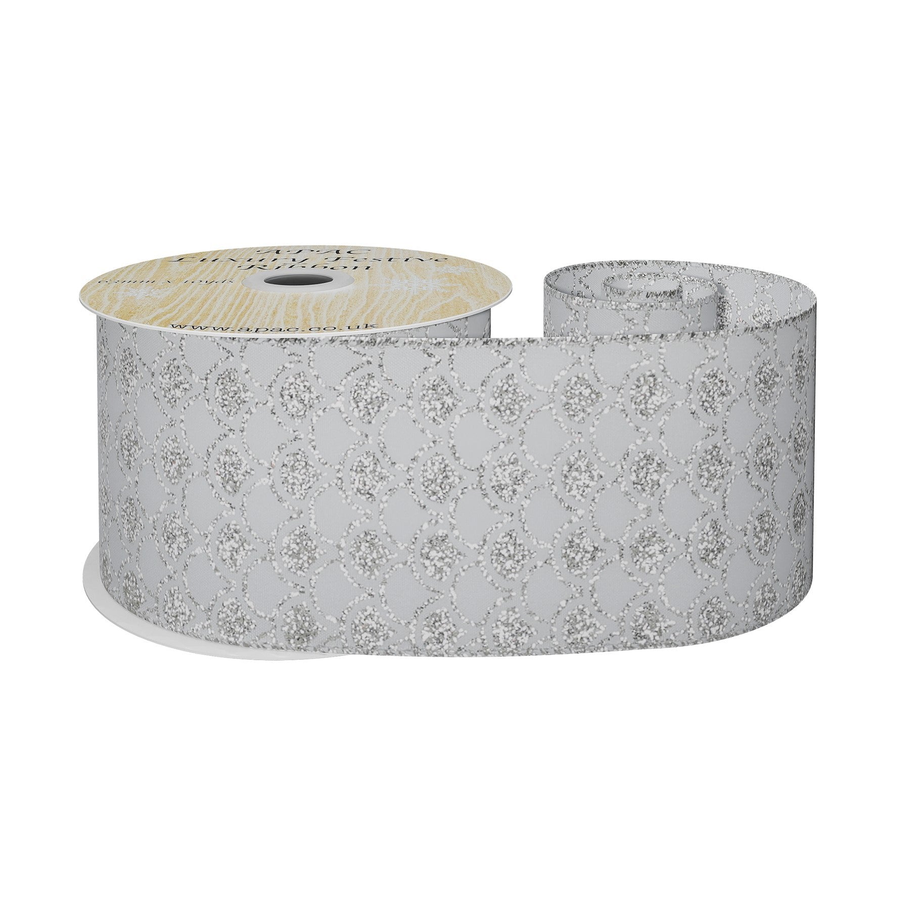 View White Wired Ribbon with Silver Scalloped Detailing 63mm x 10 yards information