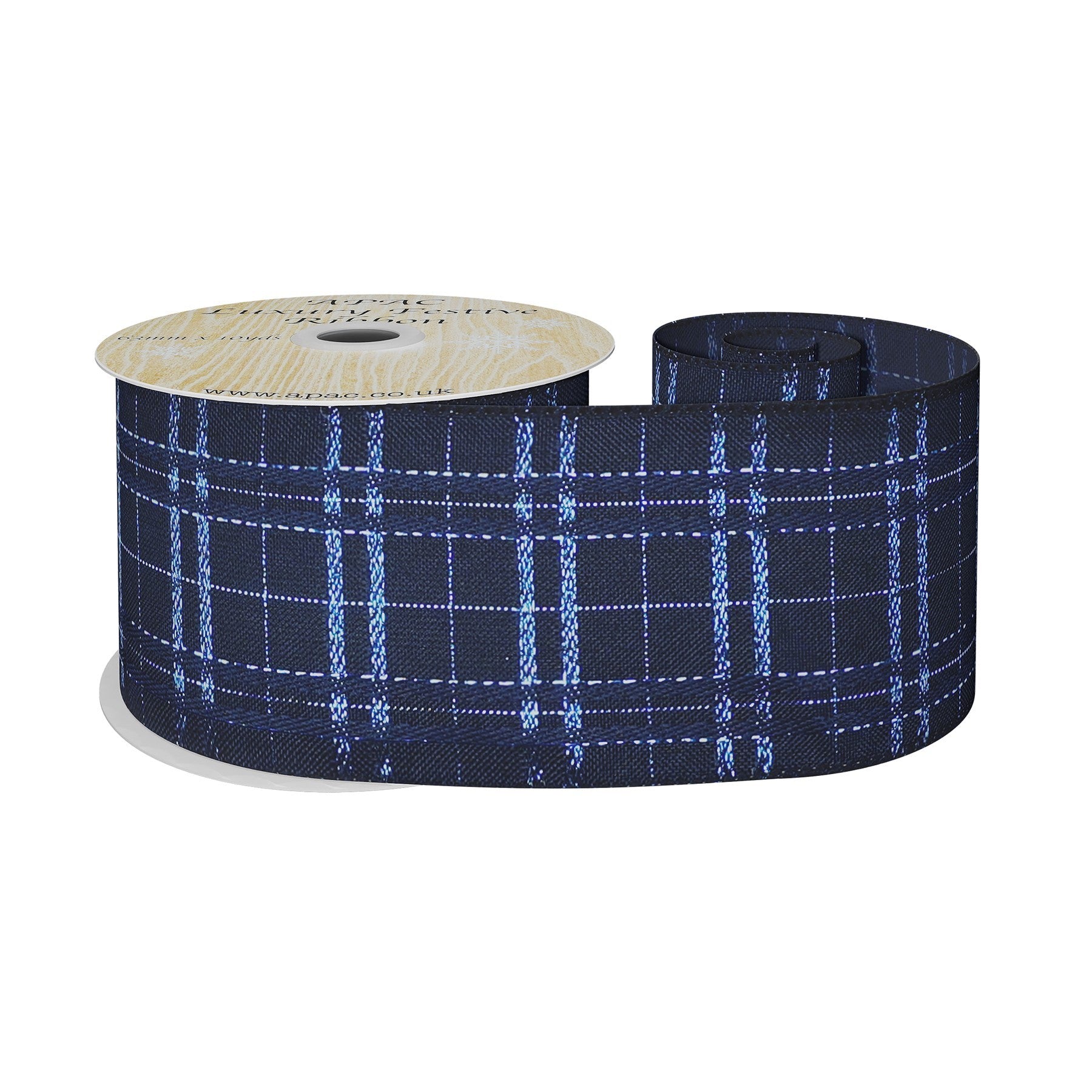 View Navy Wired Ribbon with Metallic Check Details 63mm x 10 yards information