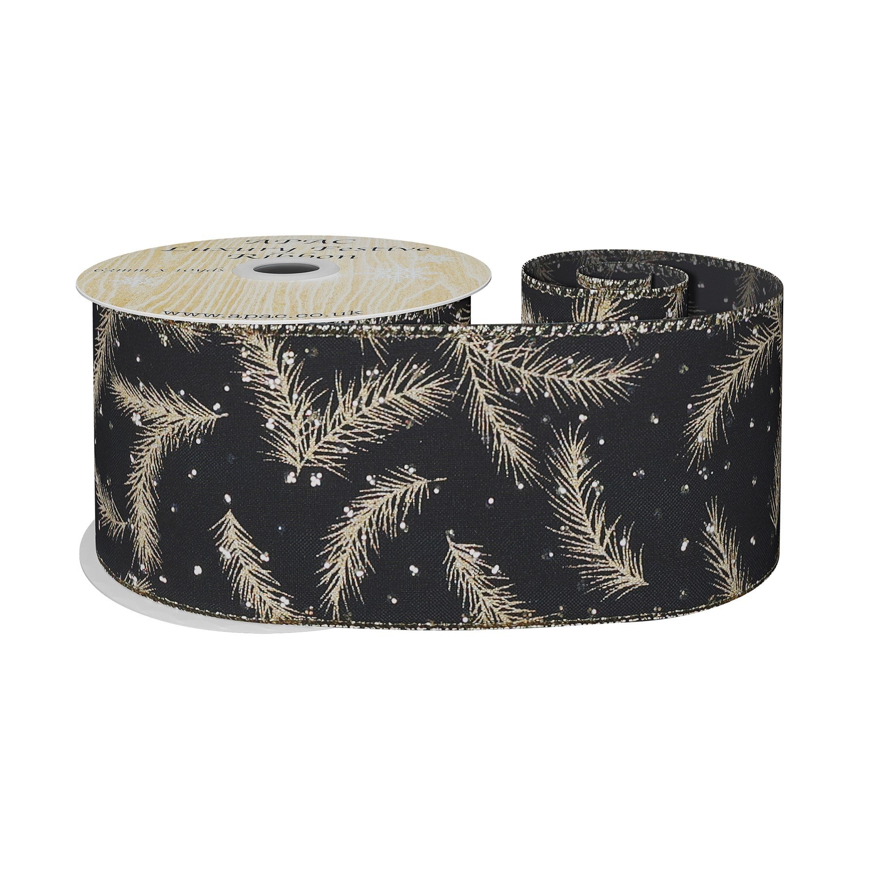 View Black Wired Ribbon with Gold Spruce Leaves 63mm x 10 yards information