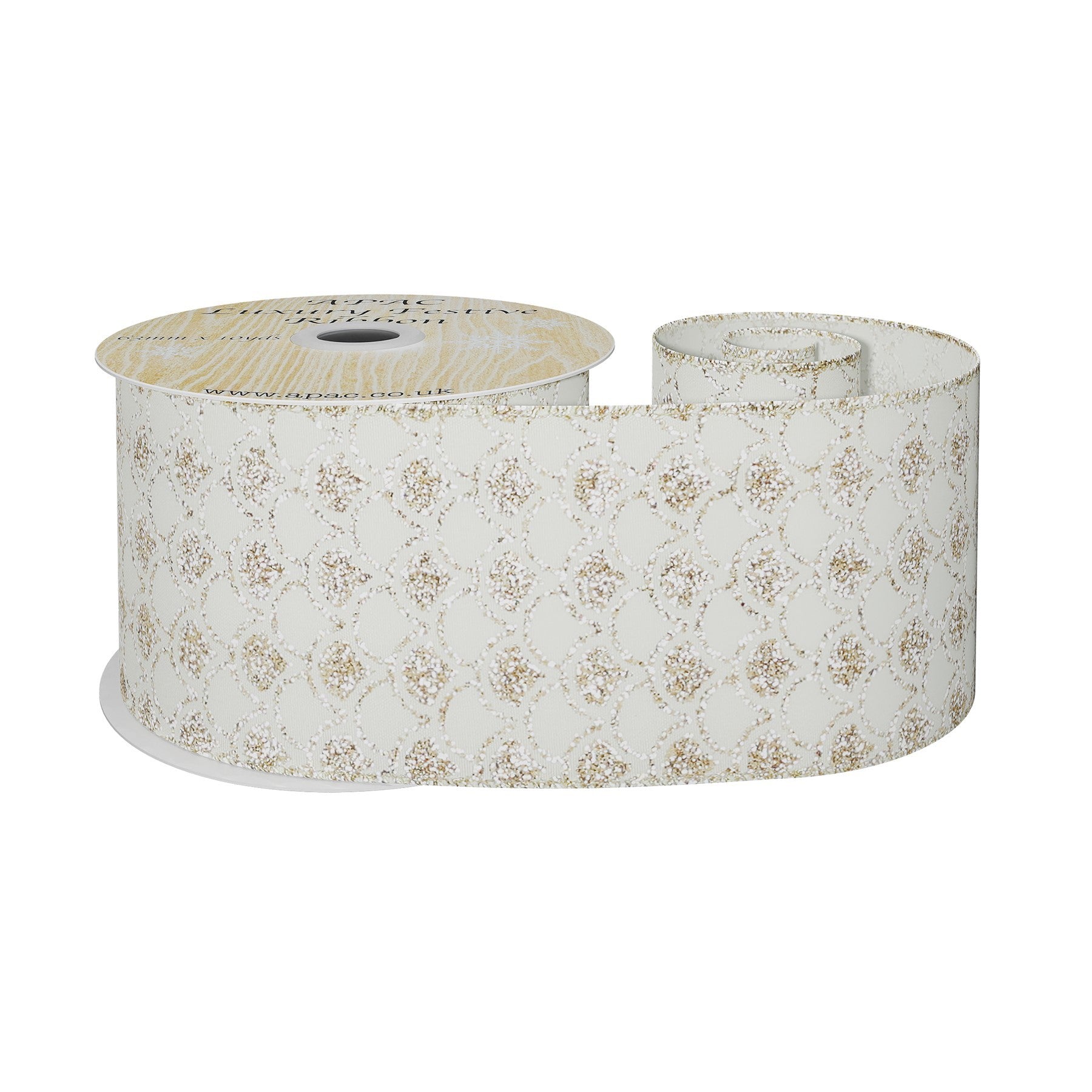 View Cream Wired Ribbon with Gold Scalloped Detailing 63mm x 10 yards information