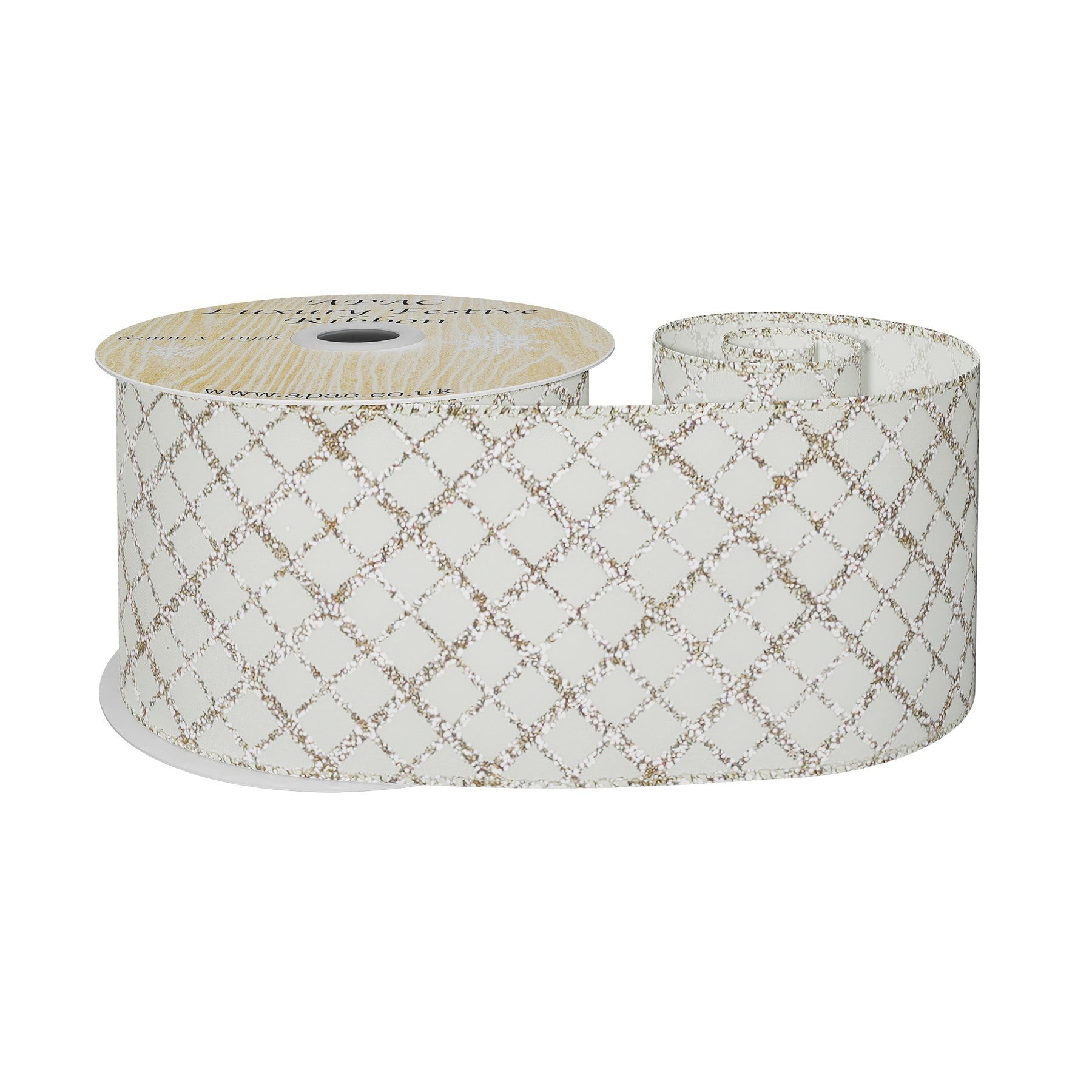 View Cream Wired Ribbon with Gold Diamond Detailing 63mm x 10 yards information