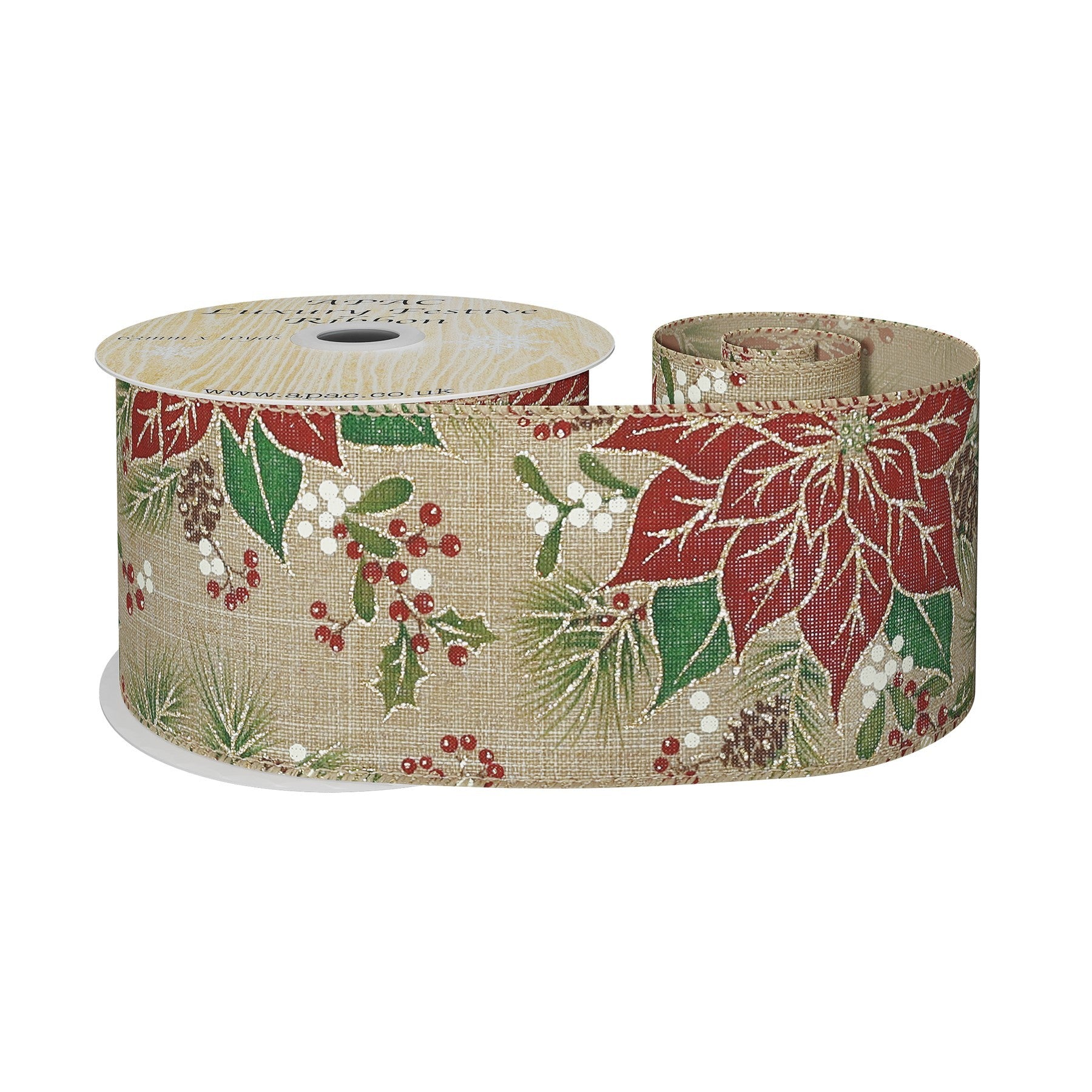 View Natural Wired Ribbon with Red and White Poinsettia 63mm x 10 yards information