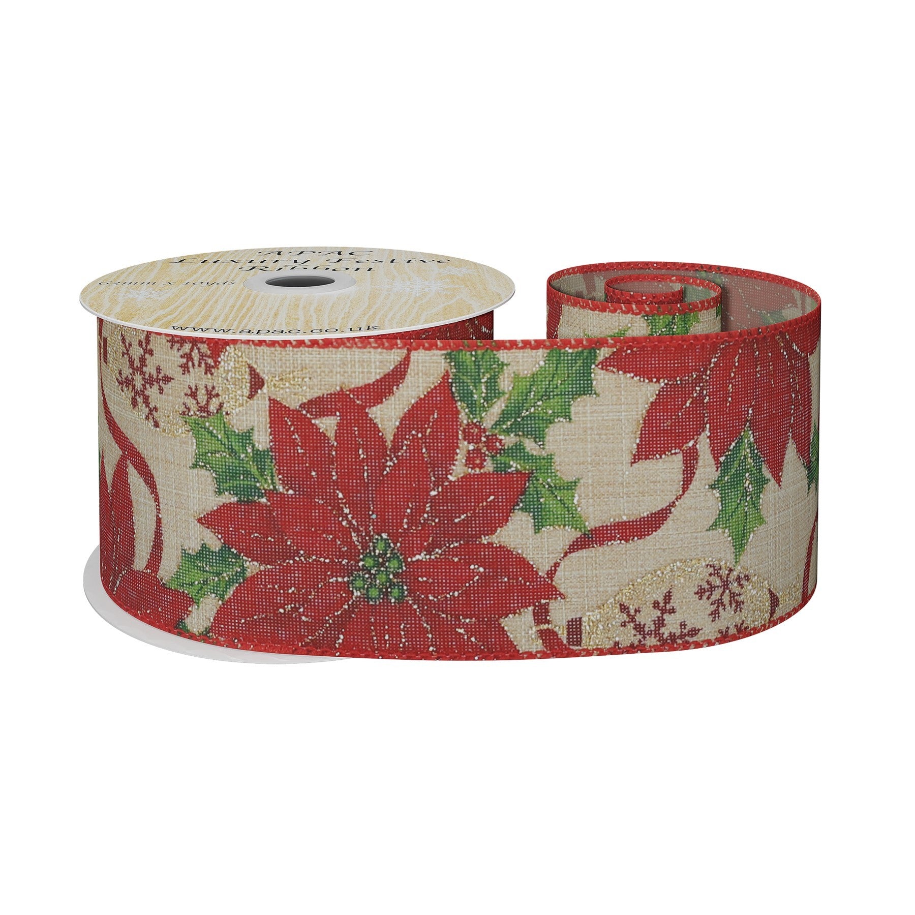 View Natural Wired Ribbon with Red Poinsettia 63mm x 10 yards information