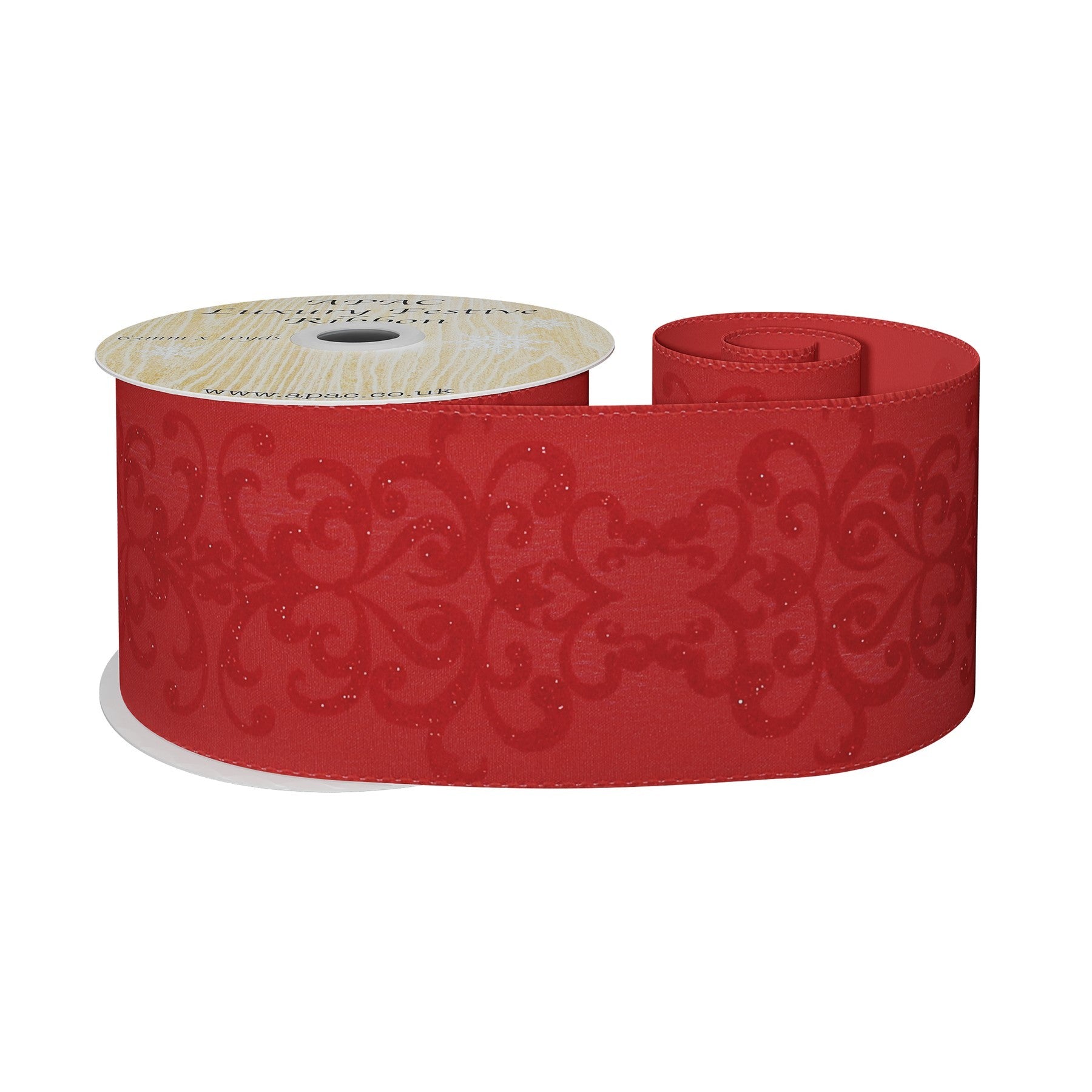 View Red Wired Ribbon with Flocked Pattern 63mm x 10 yards information