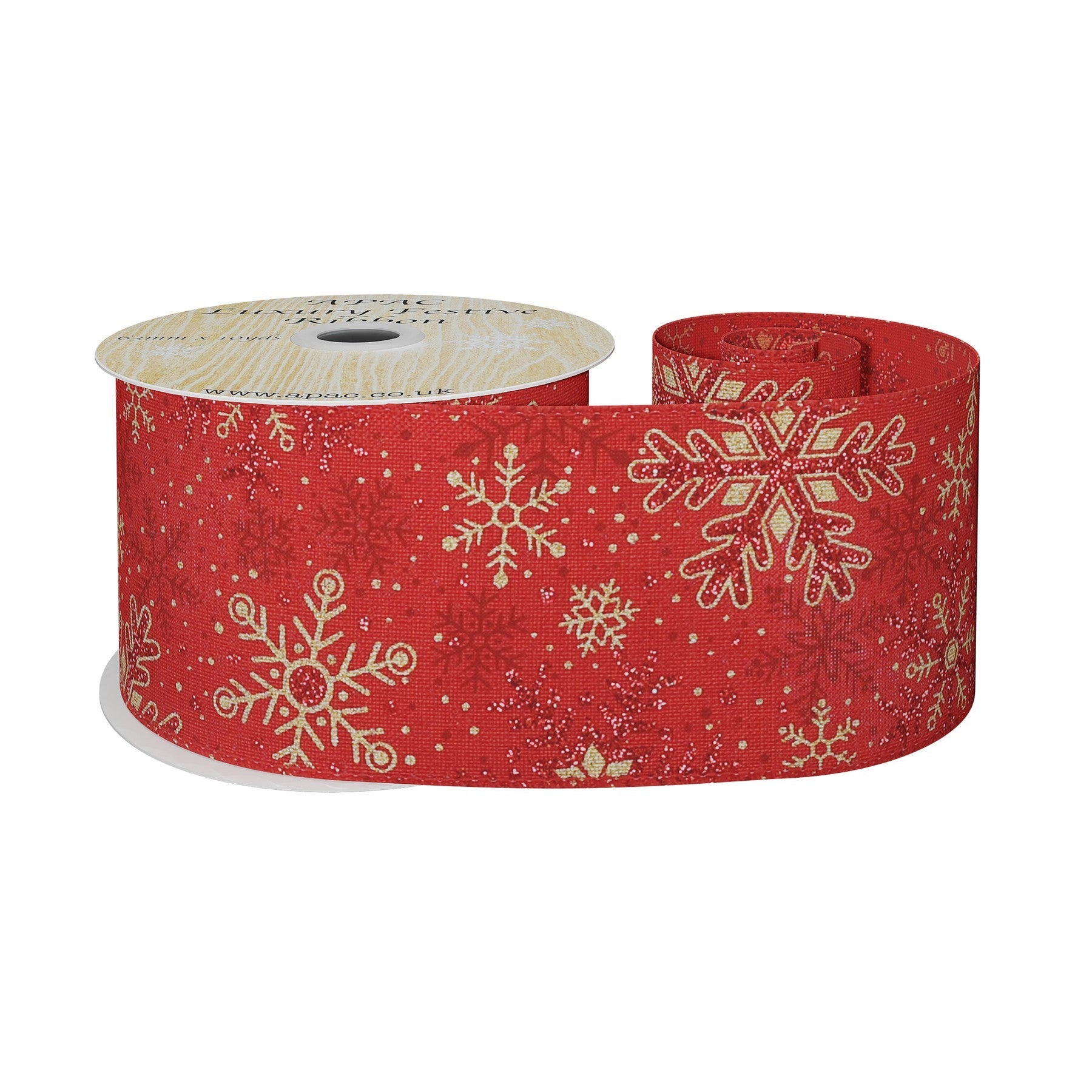 View Red Wired Ribbon with Red and Gold Snowflakes 63mm x 10 yards information