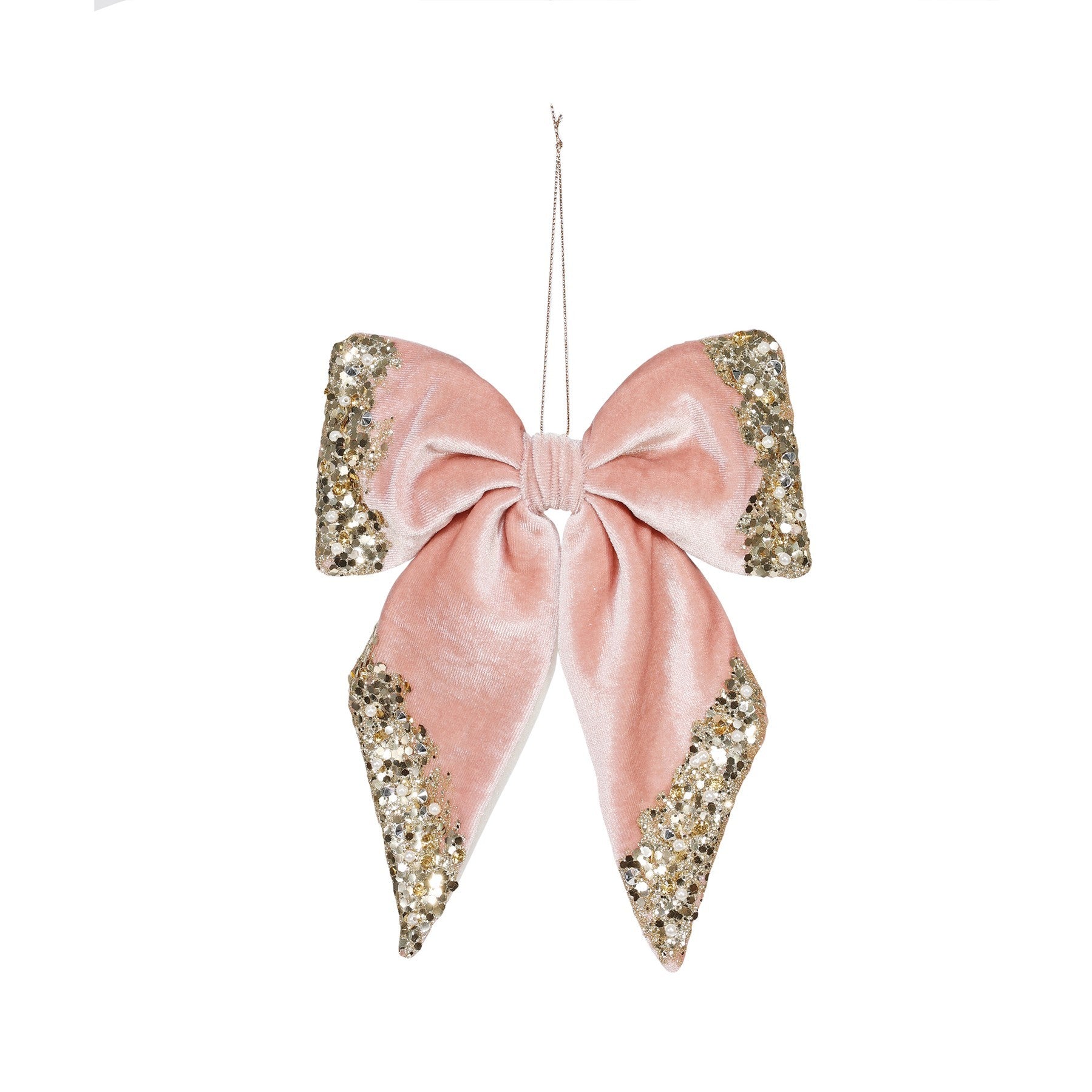 View Christmas Pink Velvet Bow with Gold Glitter 20cm information