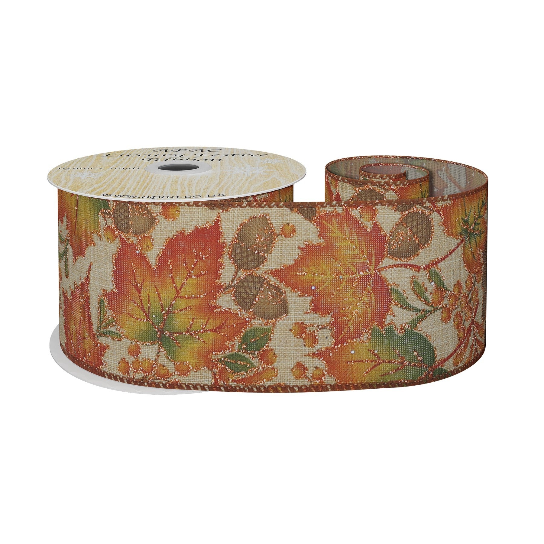 View Natural Wired Ribbon with Autumn Leaves and Acorns 63mm x 10 yards information