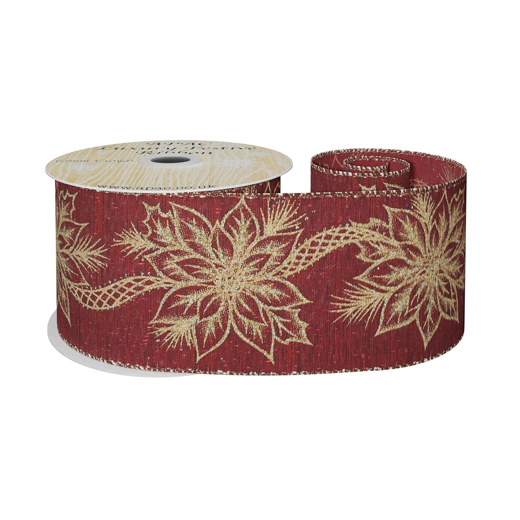 View Red with Gold Poinsettia Ribbon 63mm x 10yds information