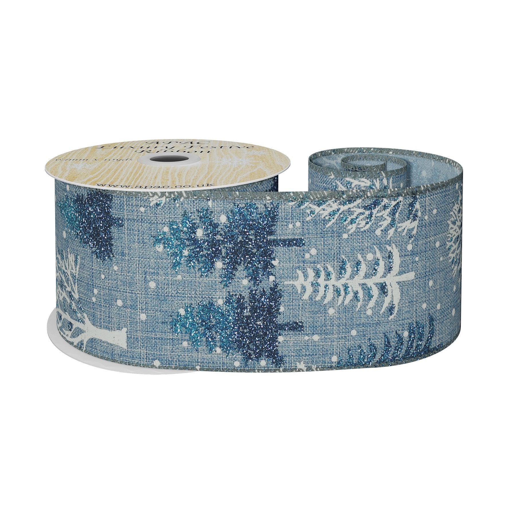 View Blue with White Blue Glitter Trees Ribbon 63mm x 10yds information