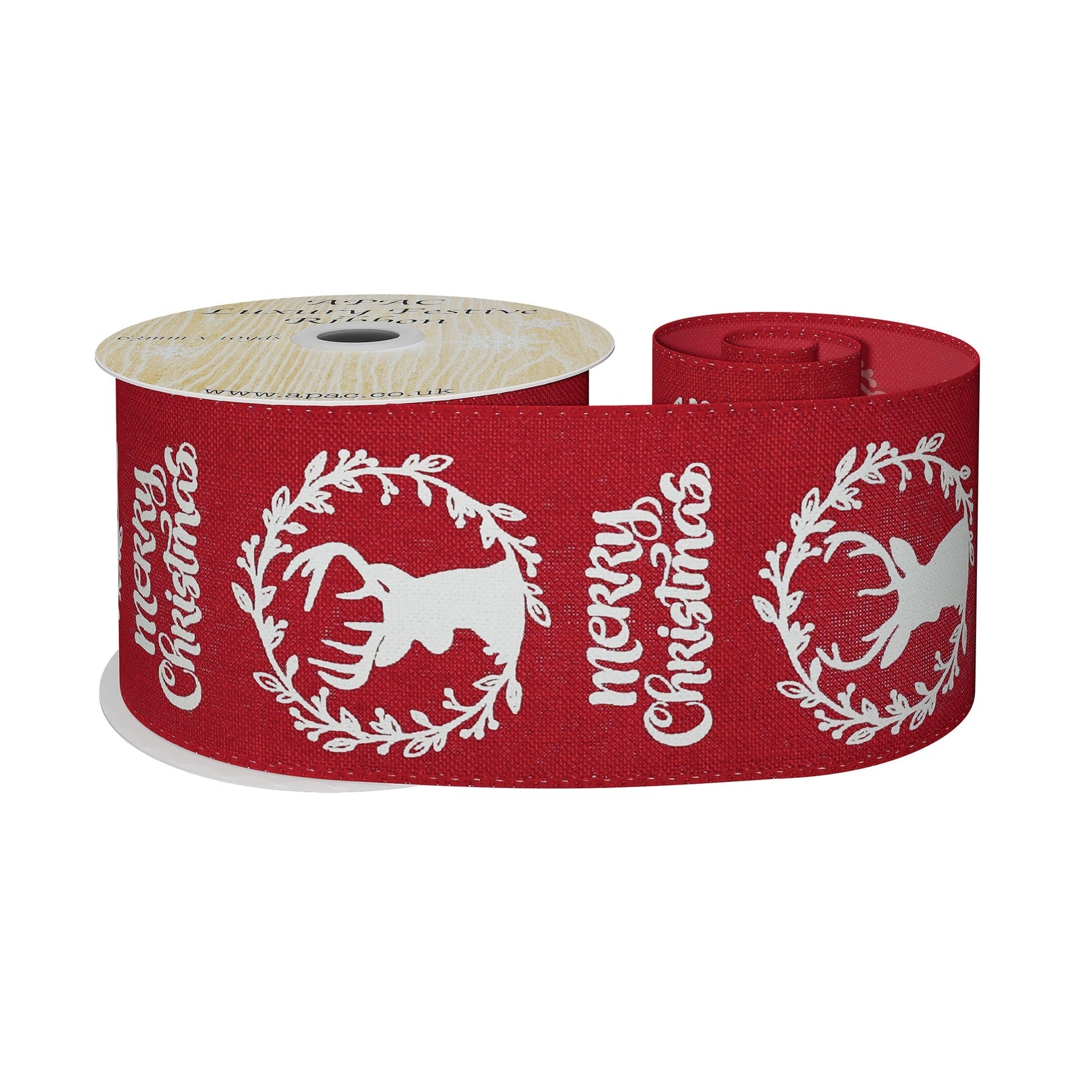 View Red with White Wreath Merry Christmas Ribbon 63mm x 10yds information