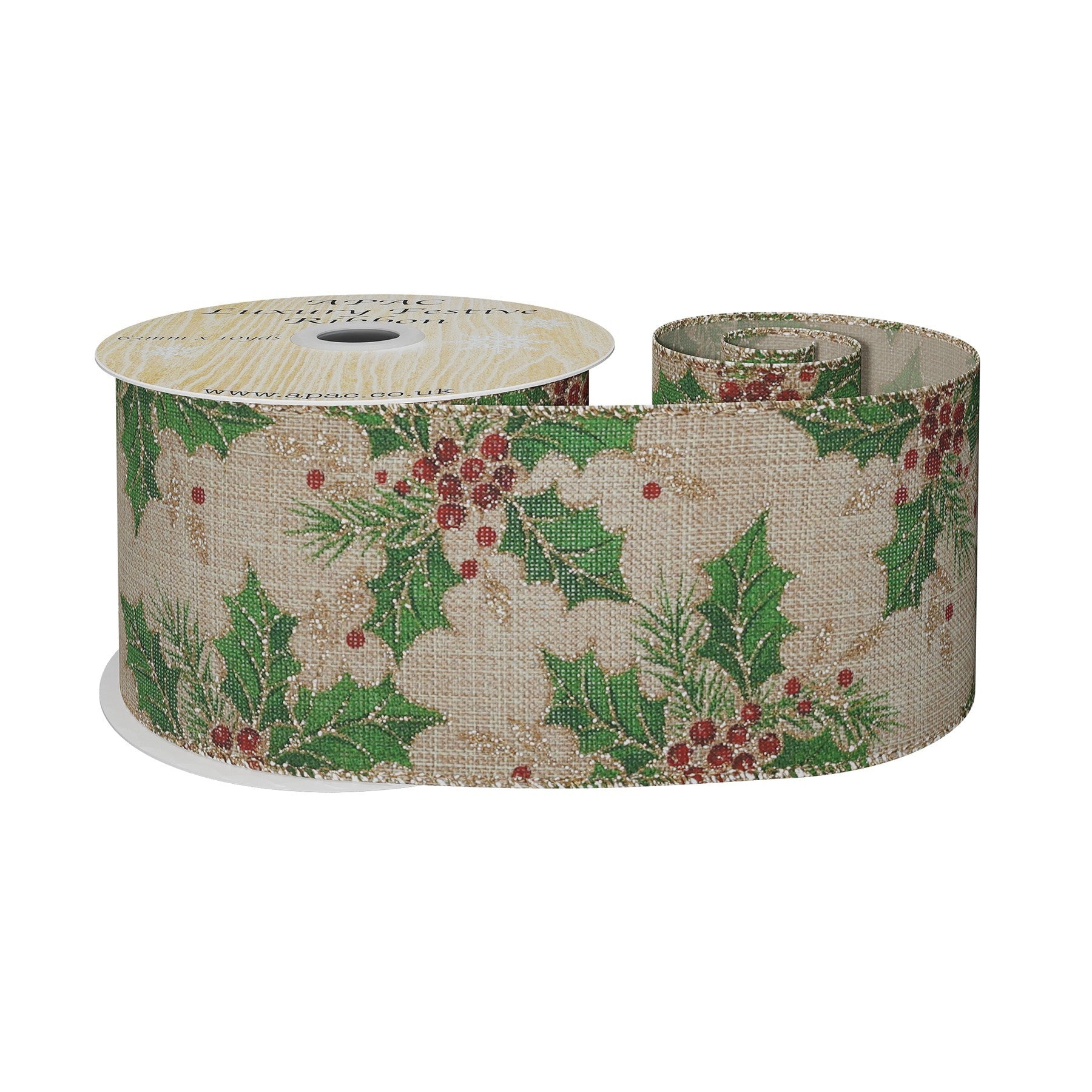 View Natural with Green Holly Berries Ribbon 63mm x 10yds information