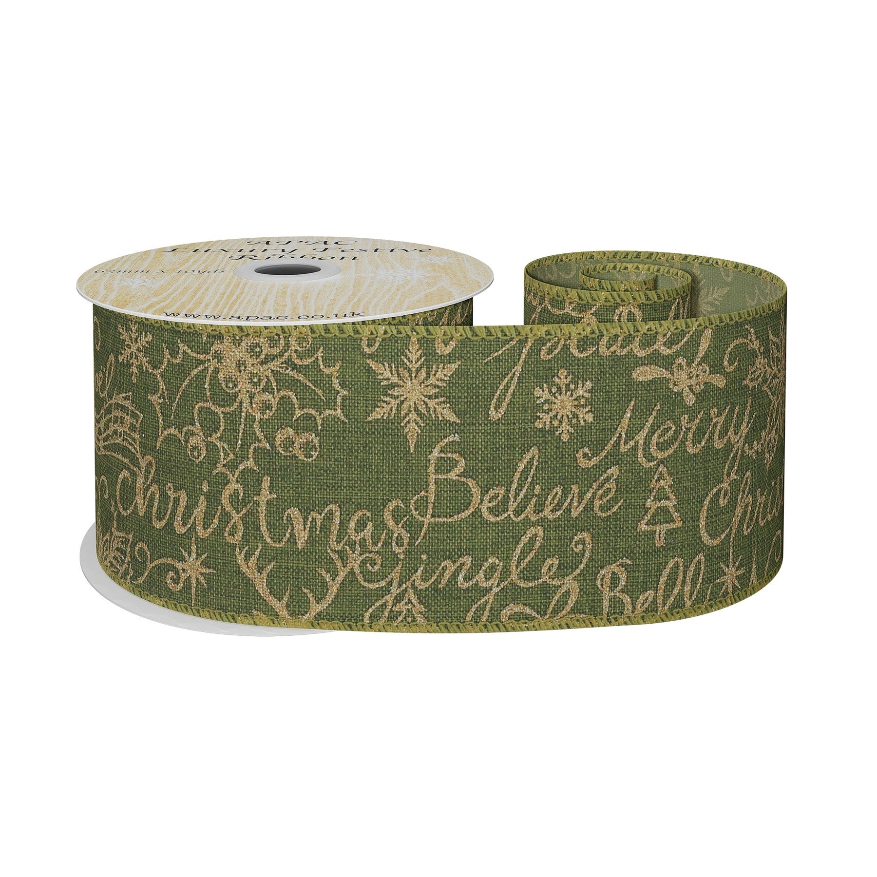 View Green with Gold Glitter Text Ribbon 63mm x 10yds information