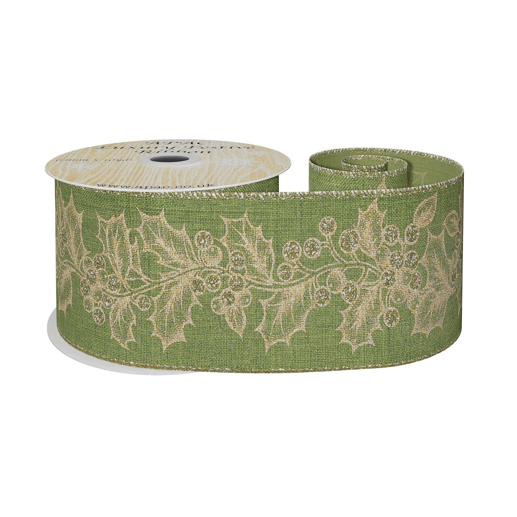 View Green with Gold Holly Ribbon 63mm x 10yds information