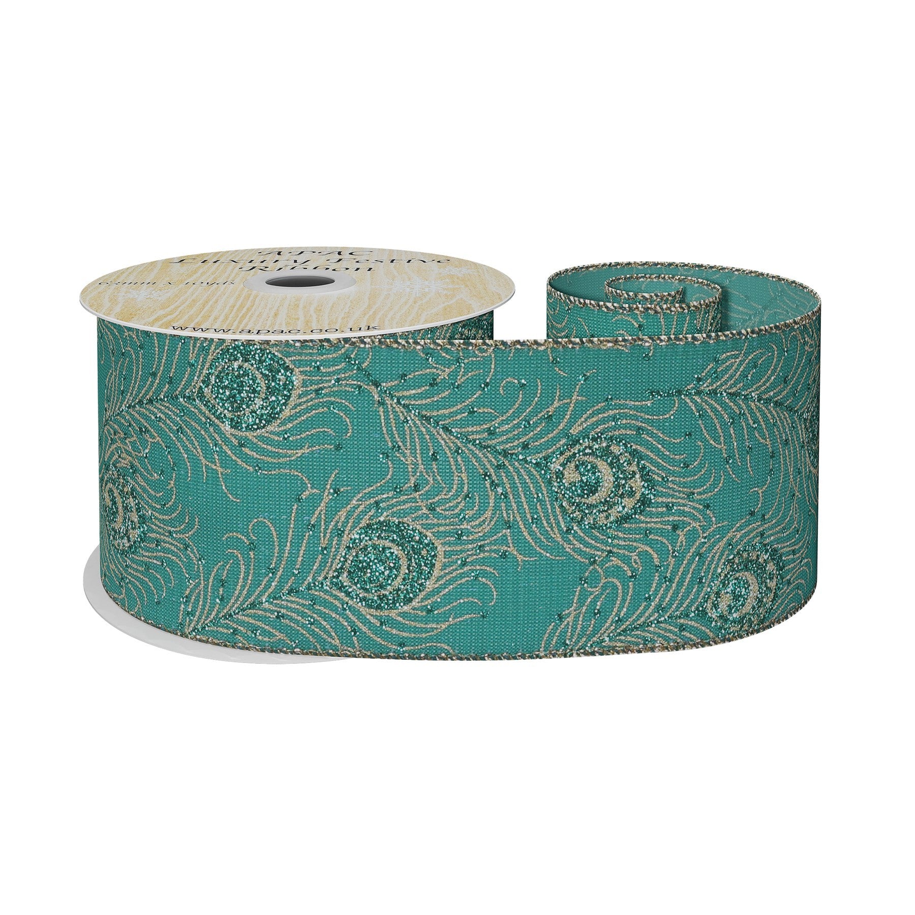 View Turquoise Gold Peacock Ribbon 63mm information