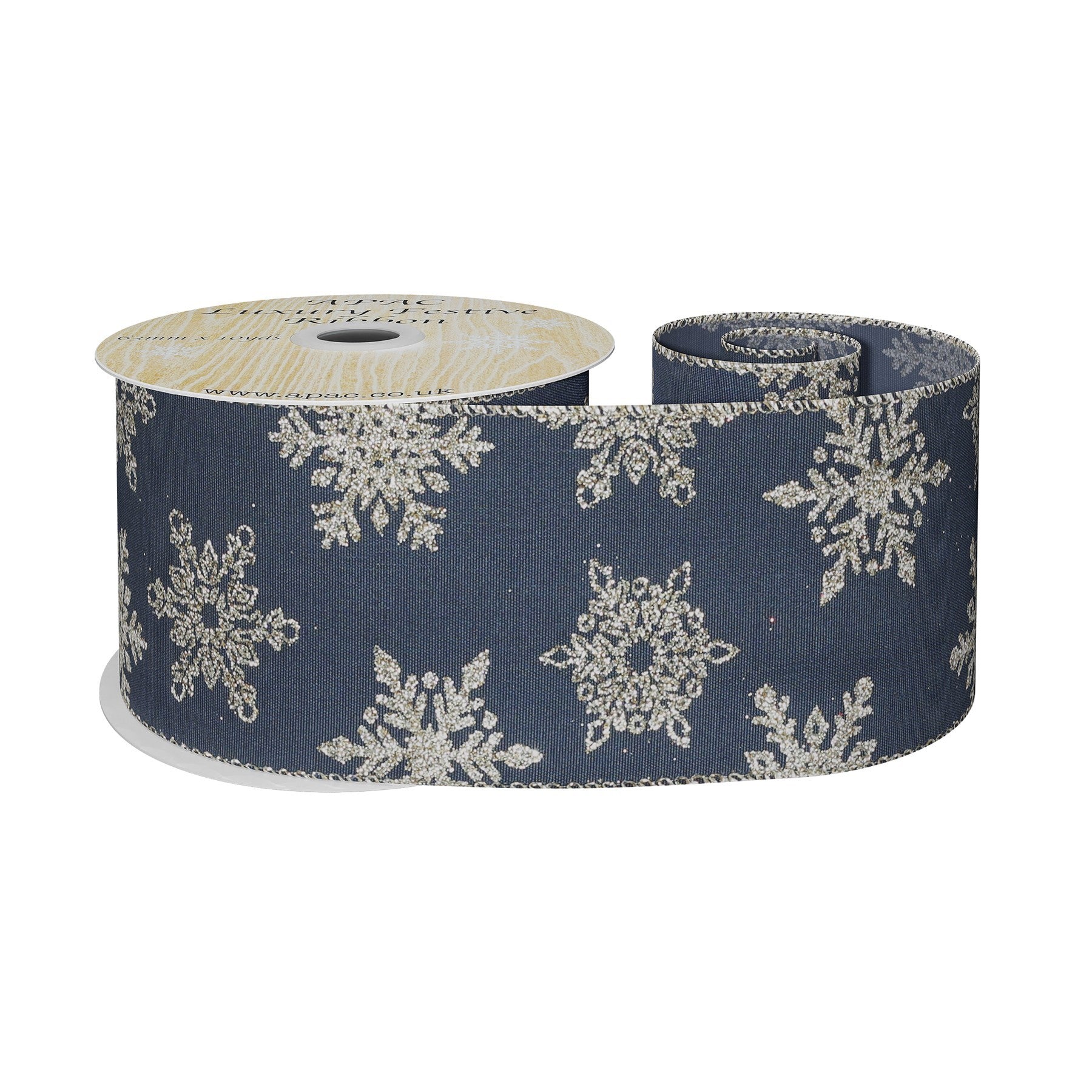 View Navy Ribbon with Gold Glitter Snowflake 63mm x 10yd information