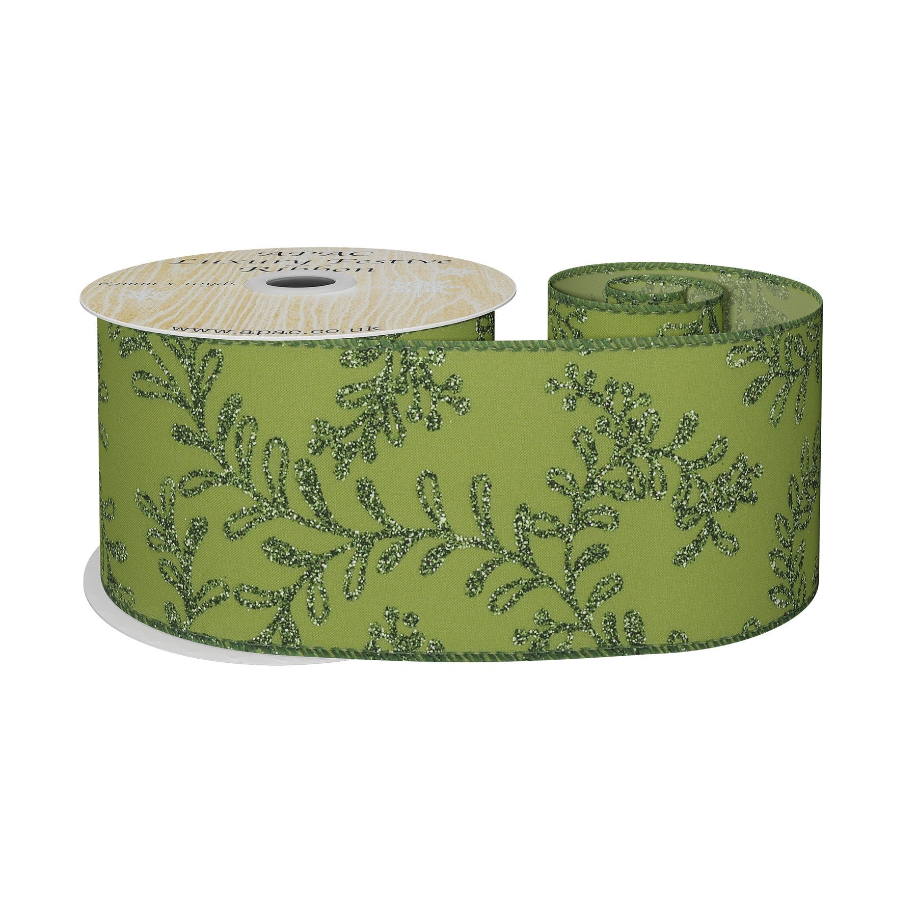 View Green Ribbon with Glitter Leaf 63mm x 10yd information