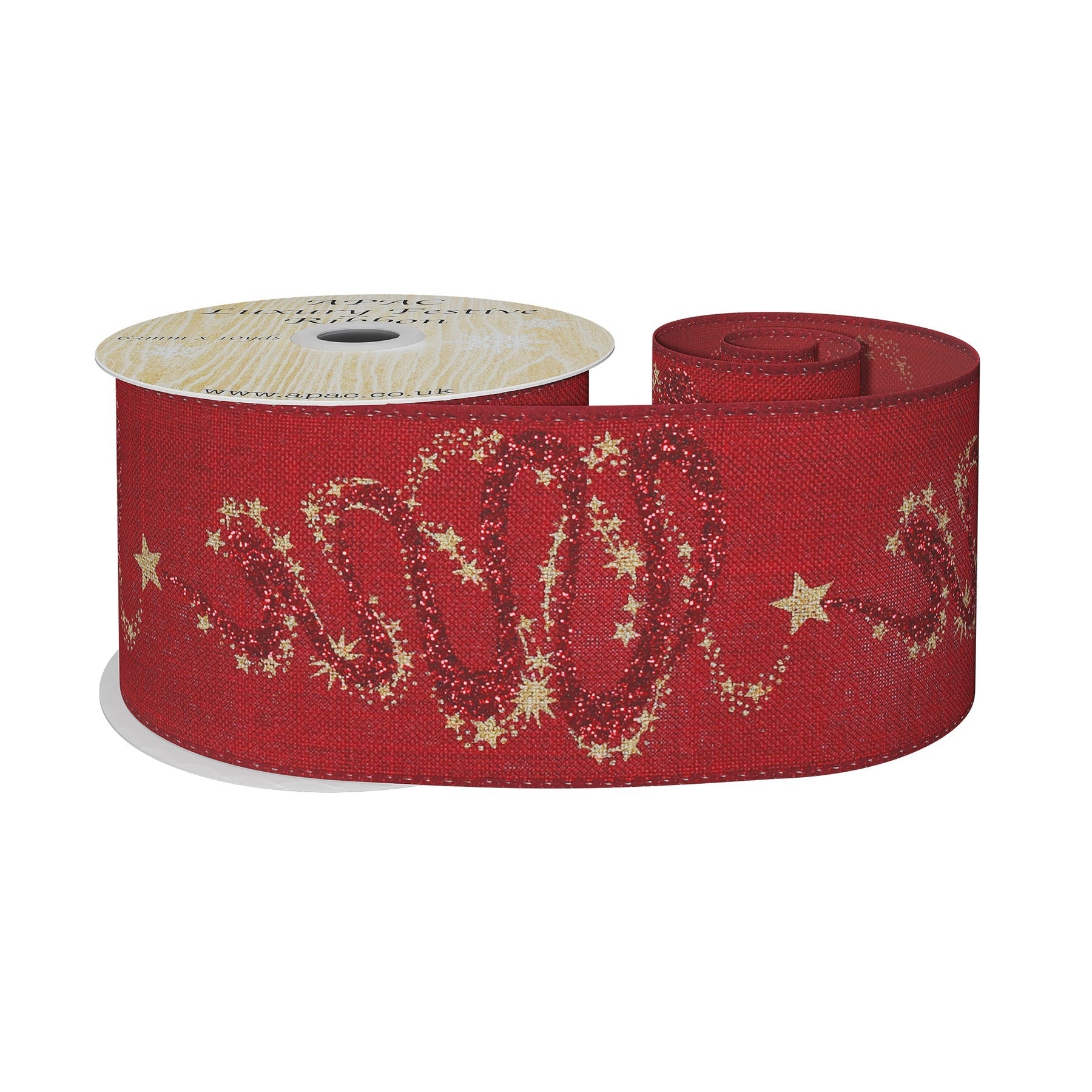 View Burgundy Ribbon with Christmas Star and swirl Design 63mm x 10yd information