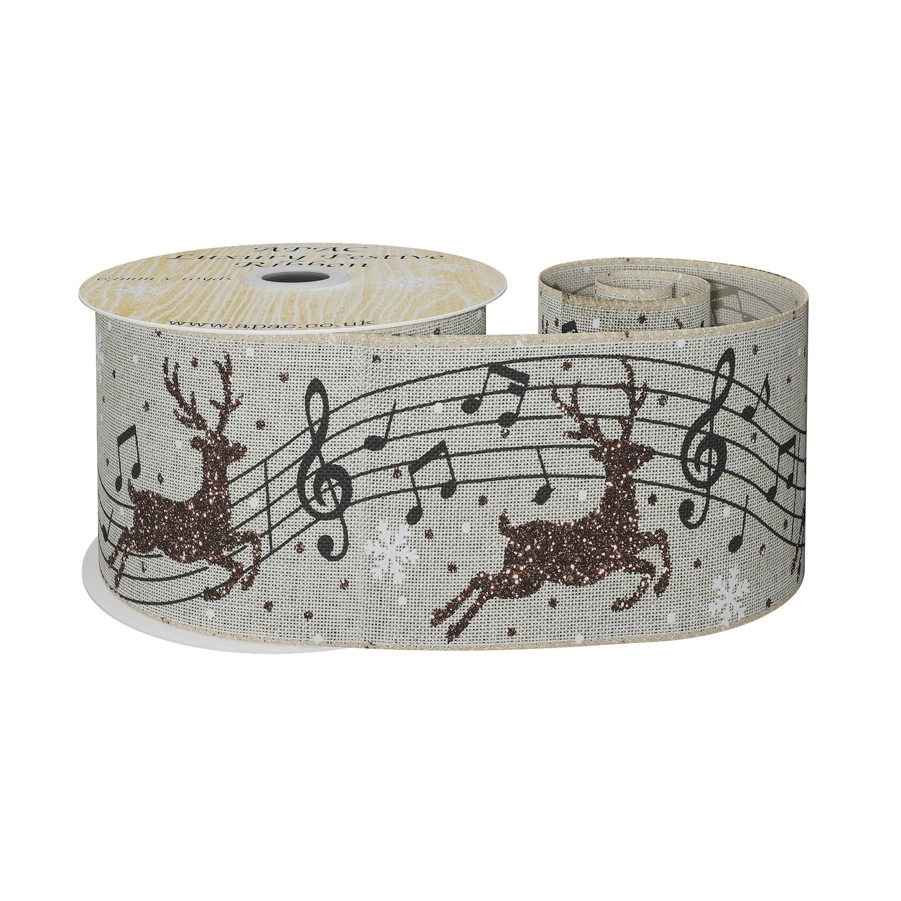 View Natural Ribbon with Reindeer and Musical Notes 63mm x 10yd information