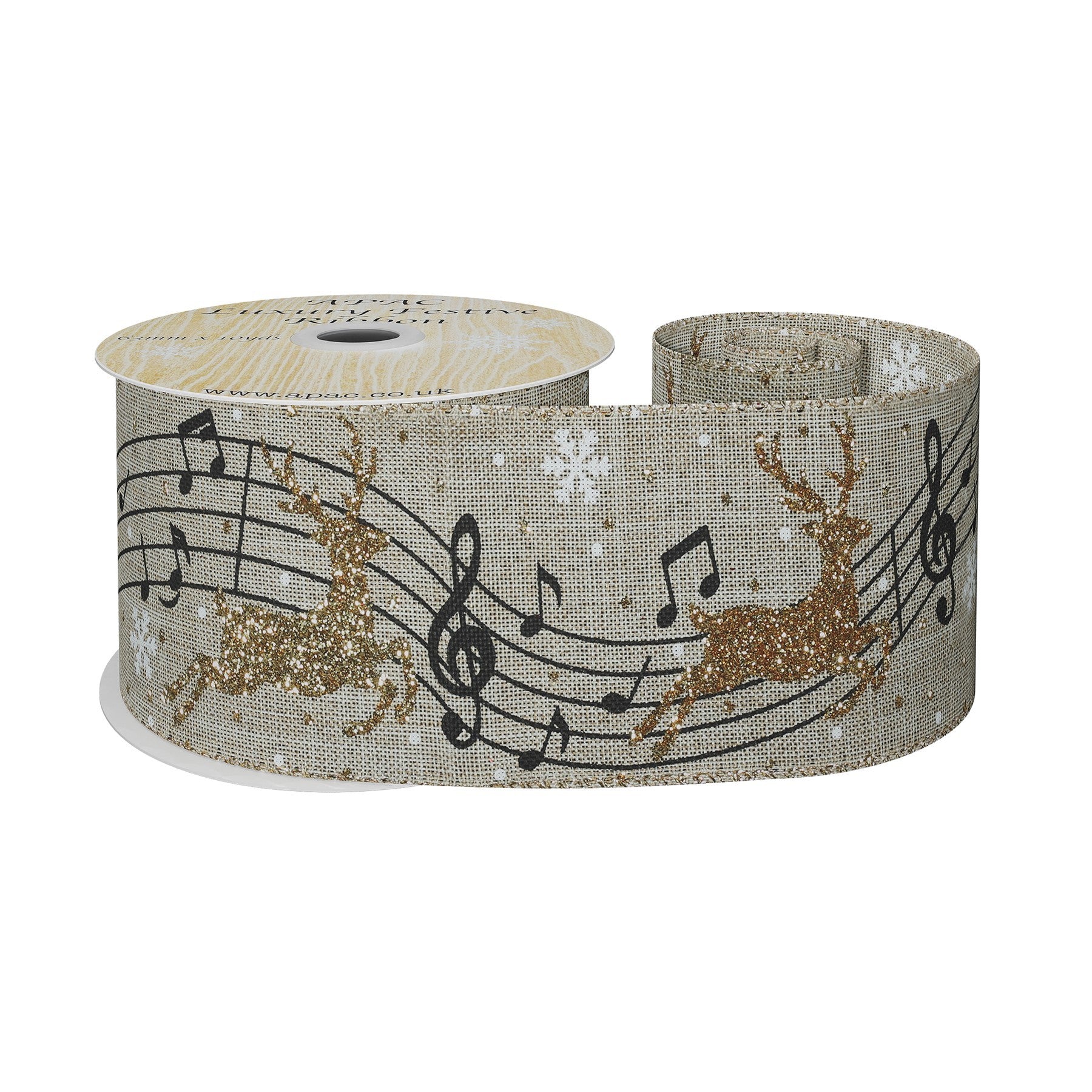 View Natural Ribbon With Gold Reindeer and Musical Notes 63mm x 10yd information