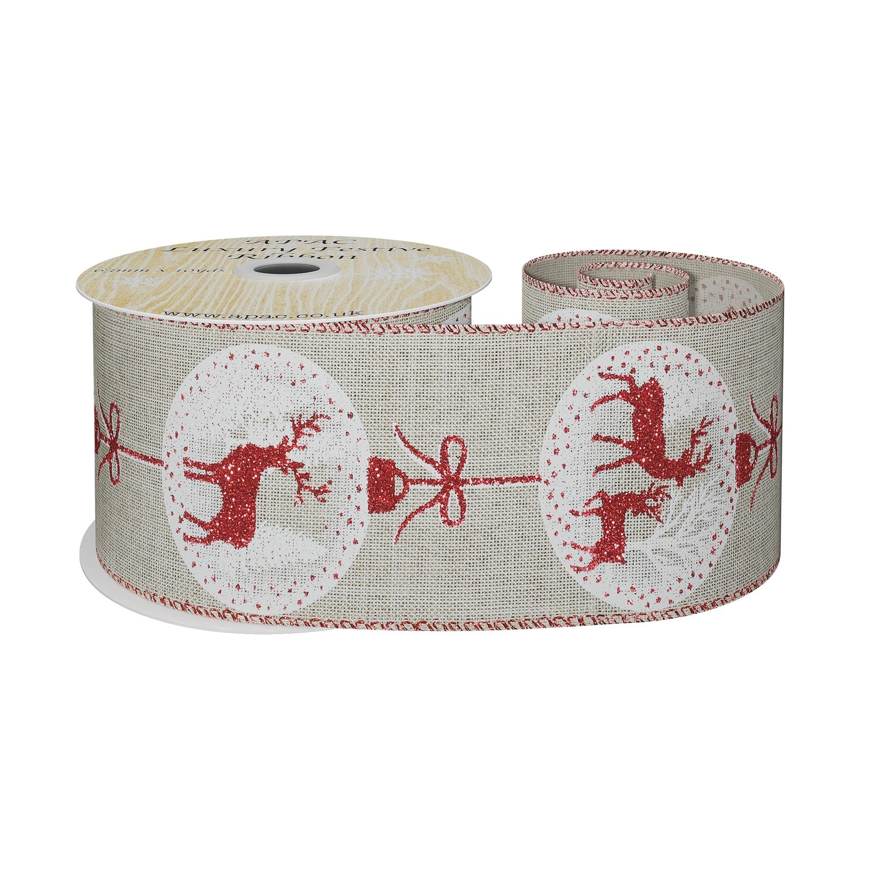 View Natural Ribbon with Reindeer Bauble Print Red White 63mm x 10yd information