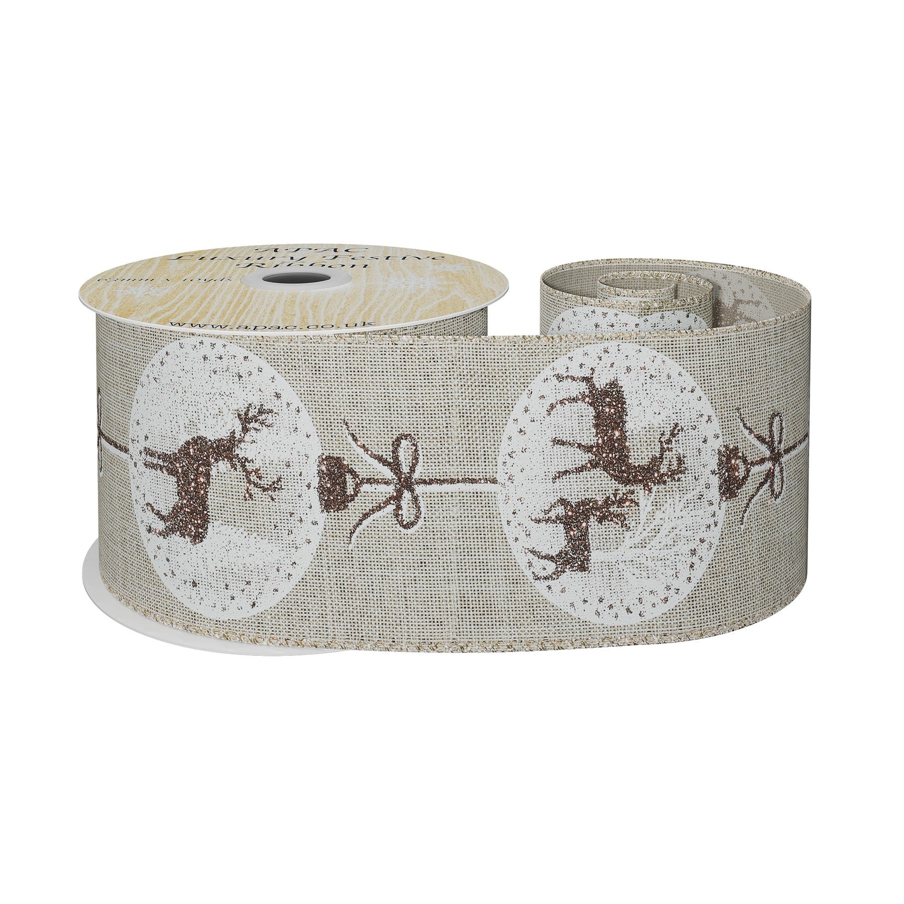 View Natural Ribbon with Reindeer Bauble Print Brown White 63mm x 10yd information