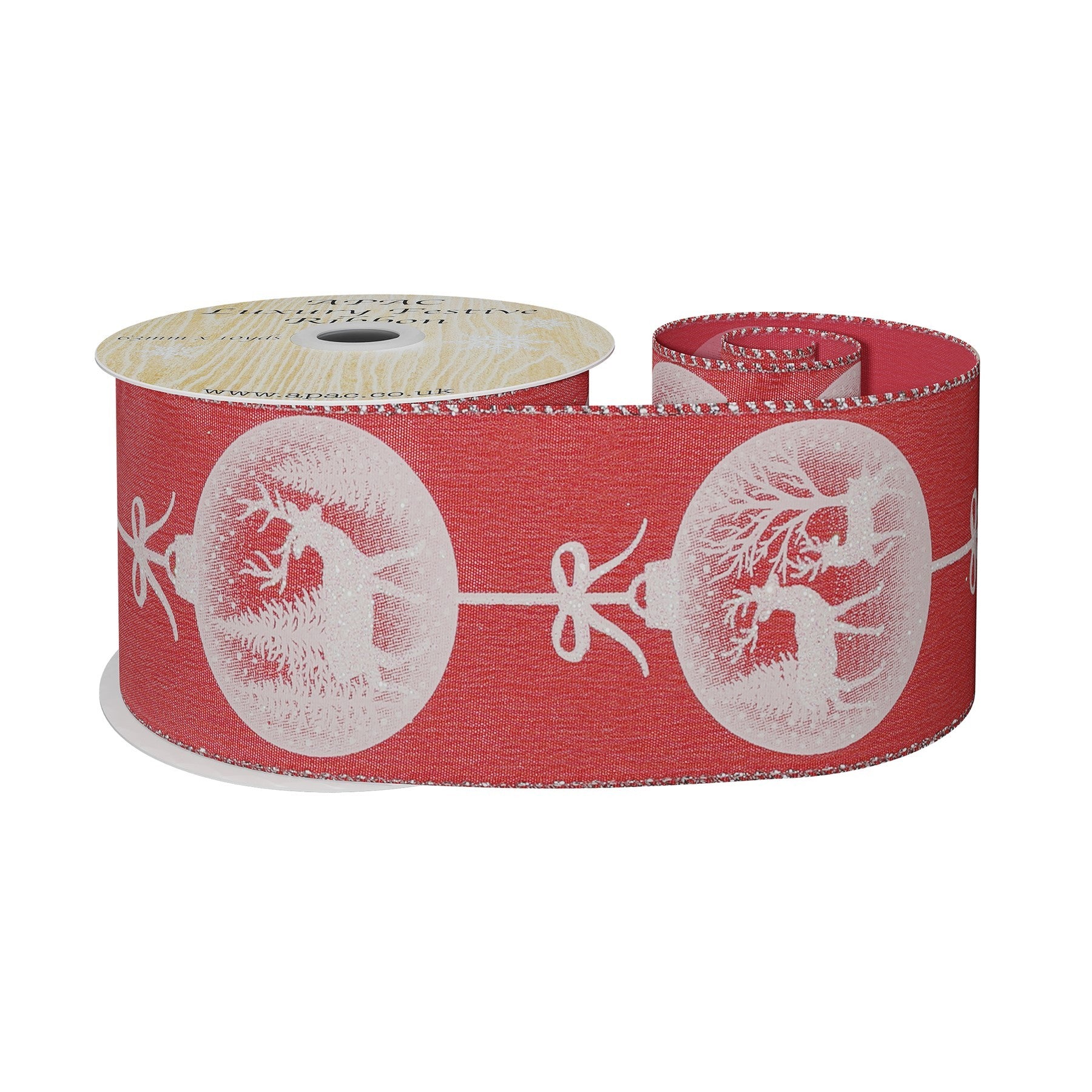 View Red Satin Ribbon with Reindeer Bauble Print White 63mm x 10yd information