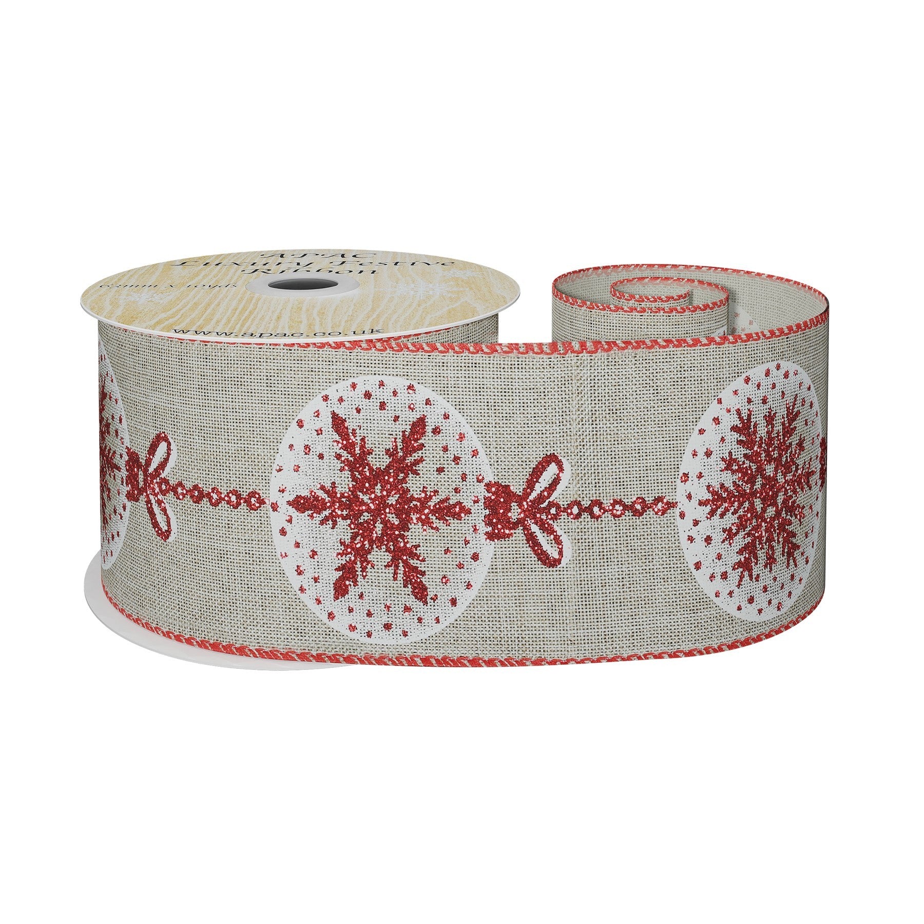 View Natural Ribbon with Red Bauble Design 63mm x 10yd information