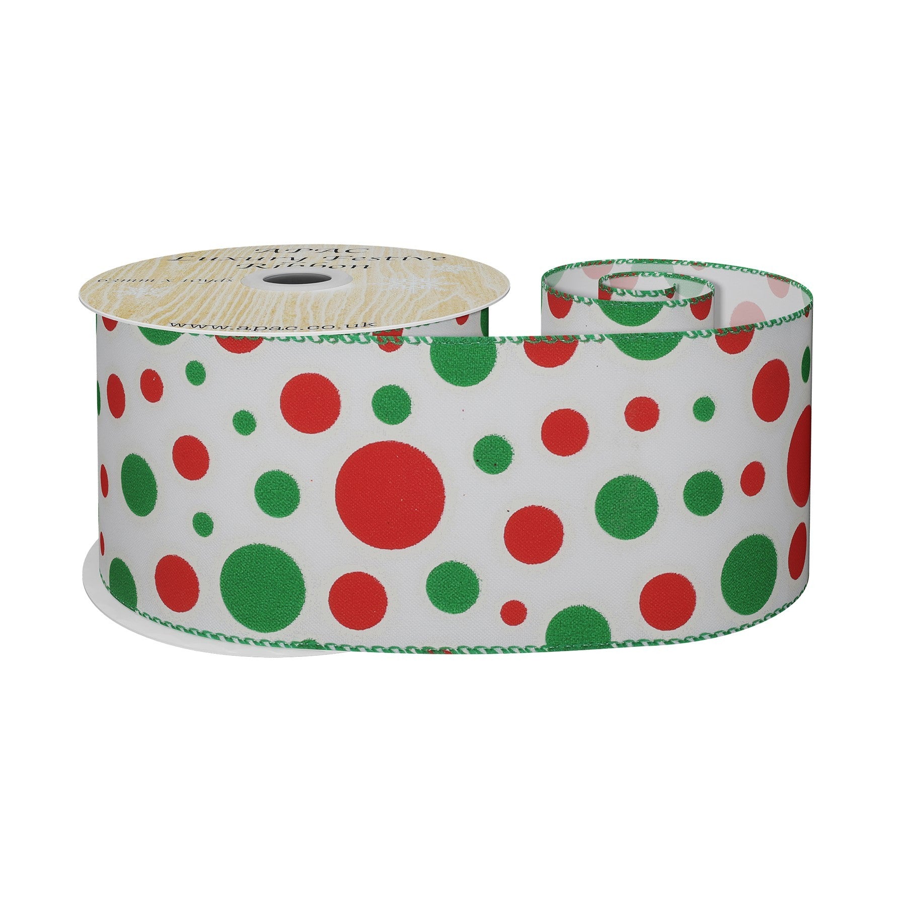 View Satin Spotty Ribbon Red With Green Trim 63mm x 9m information