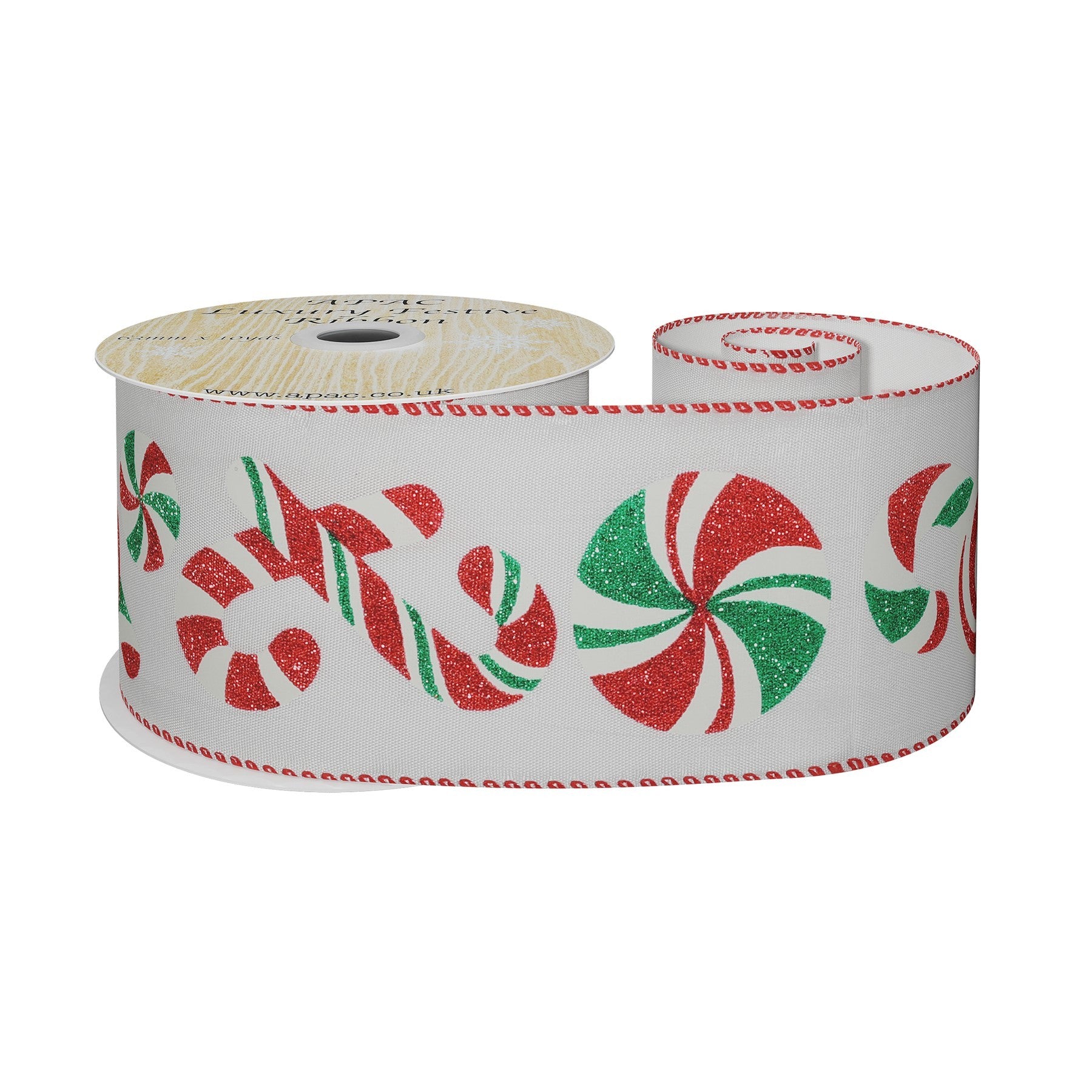 View Taffeta Ribbon with RedWhiteGreen Candy Canes 63mm x 9m information