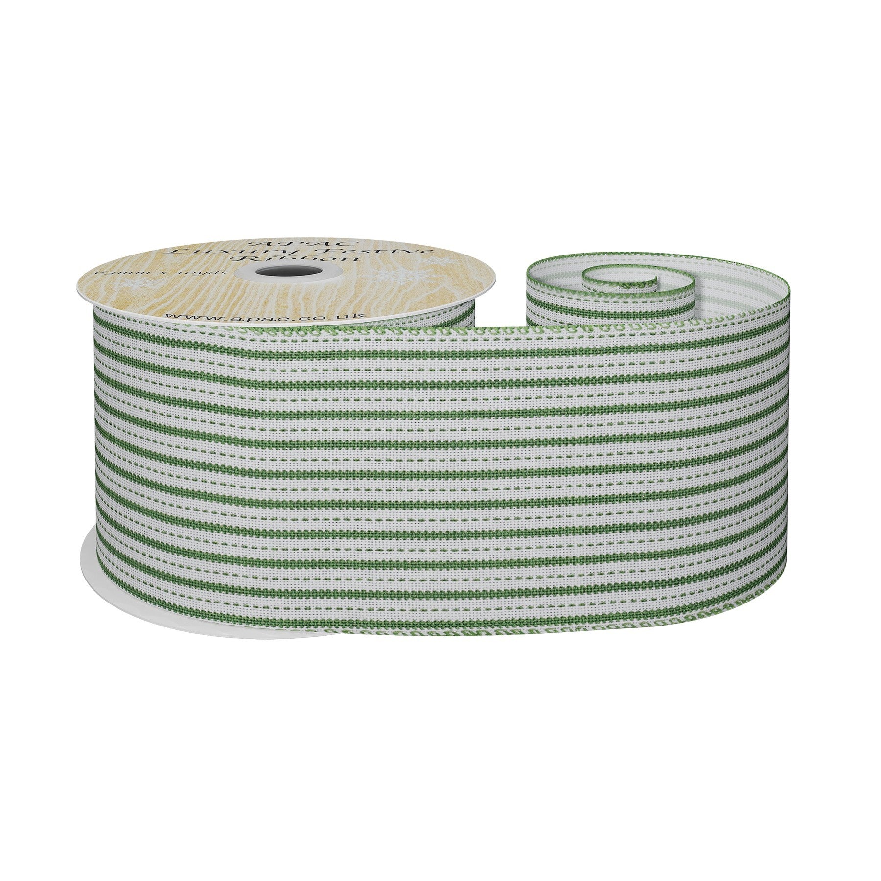 View White and Green Striped Fabric Ribbon 63mm x 9m information