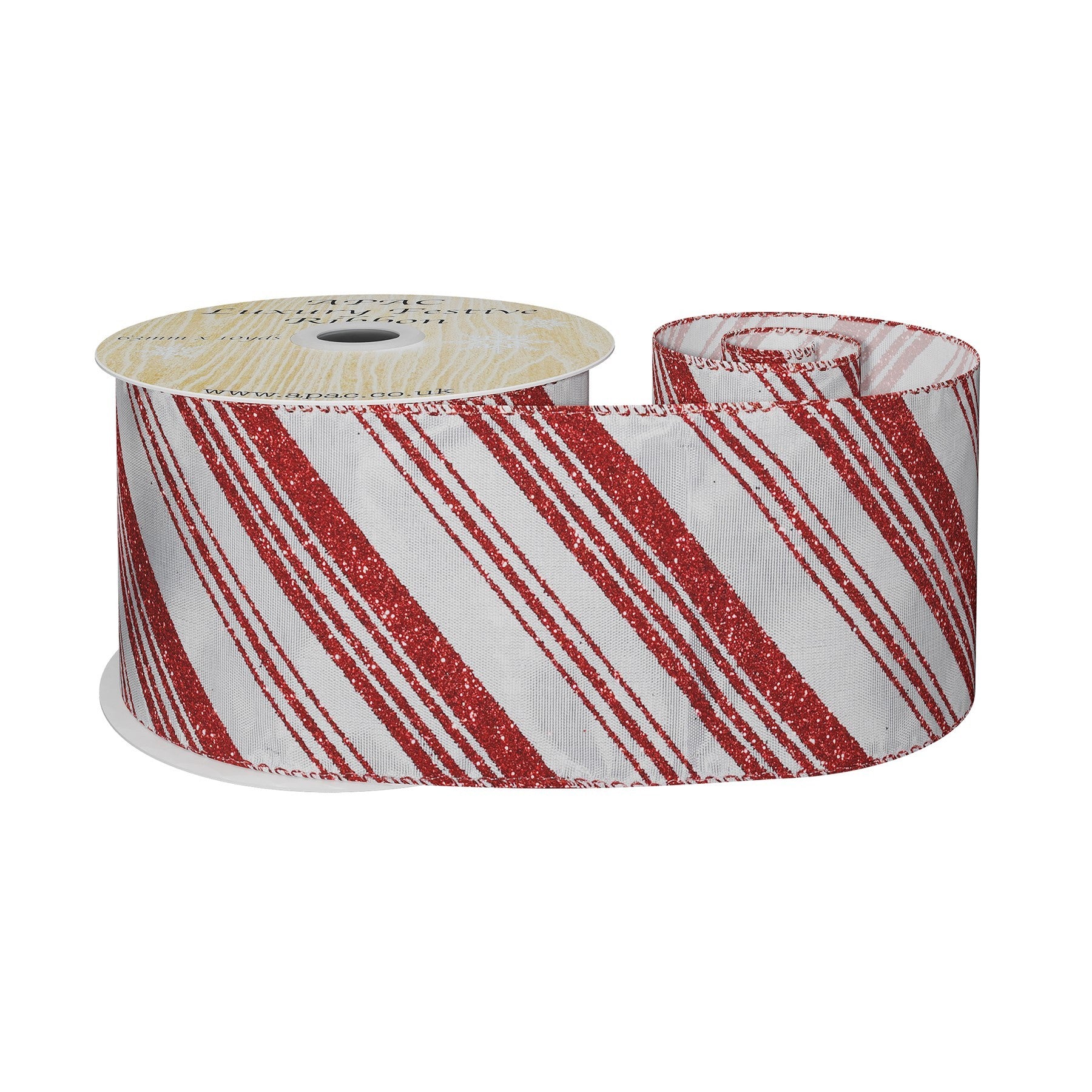 View White Satin Ribbon with Red Glitter Diagonal Stripes 63mm x 9m information